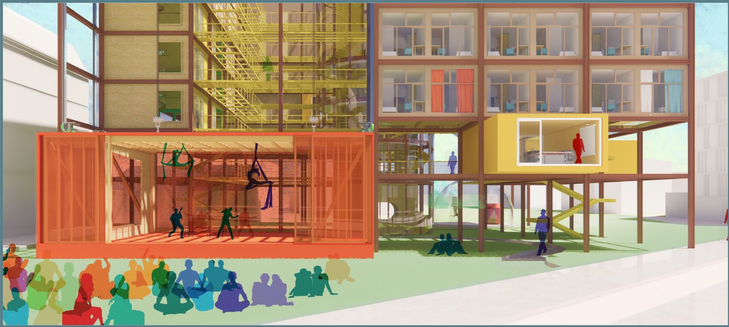 Sectional rendering of an orange performance box with aerialists beside stilted apartments, while a seated audience gathers on the lawn. Image: Renée and Alexandra