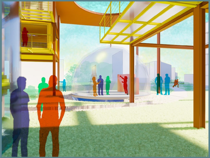 Rendering of a glass dome stage on a lawn beneath yellow-framed canopies, with colored figures gathered in sunlight. Image: Renée and Alexandra
