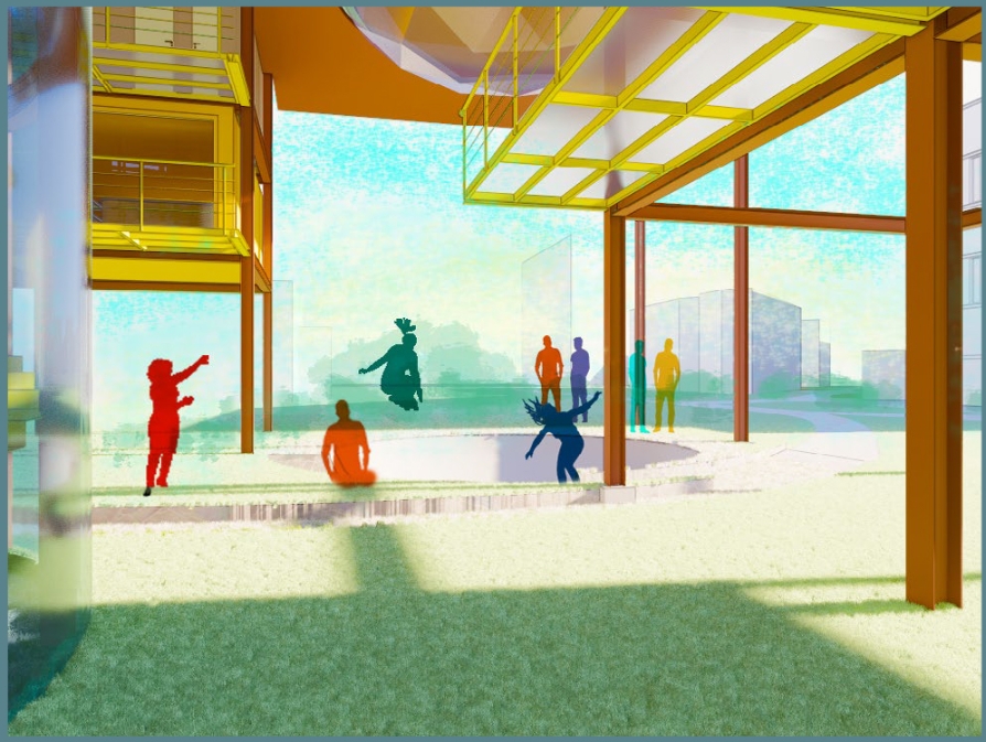 Rendering of figures leaping and gesturing on a circular lawn platform beneath a yellow steel canopy in bright daylight. Image: Renée and Alexandra