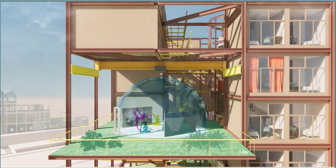 Sectional rendering of a raised green deck holding a glass dome, beside apartment balconies with orange curtains under a hazy sky. Image: Renée and Alexandra