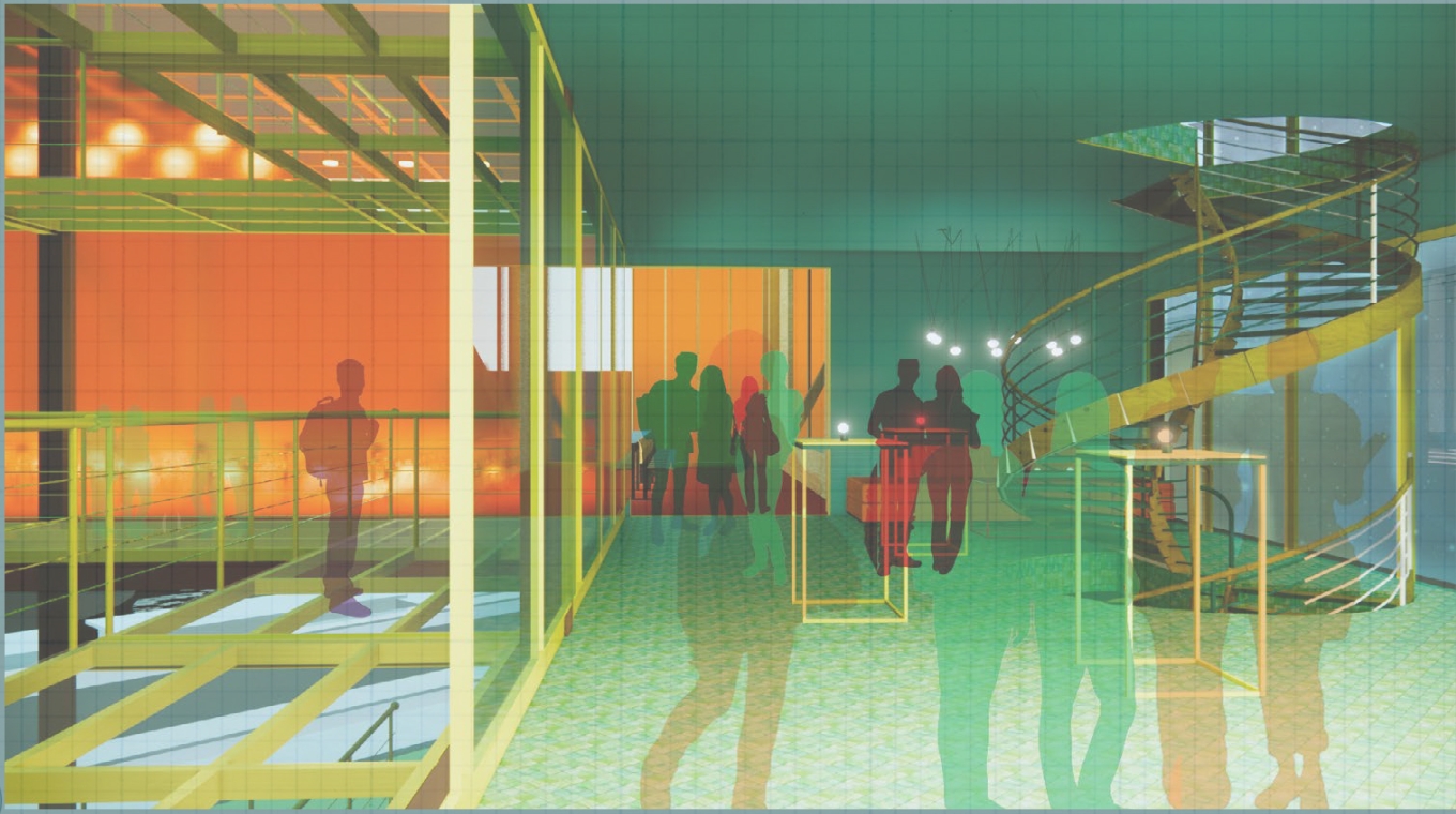 Interior rendering of a lobby with a spiral stair, high tables and silhouetted visitors, with orange glow behind a glazed wall. Image: Renée and Alexandra