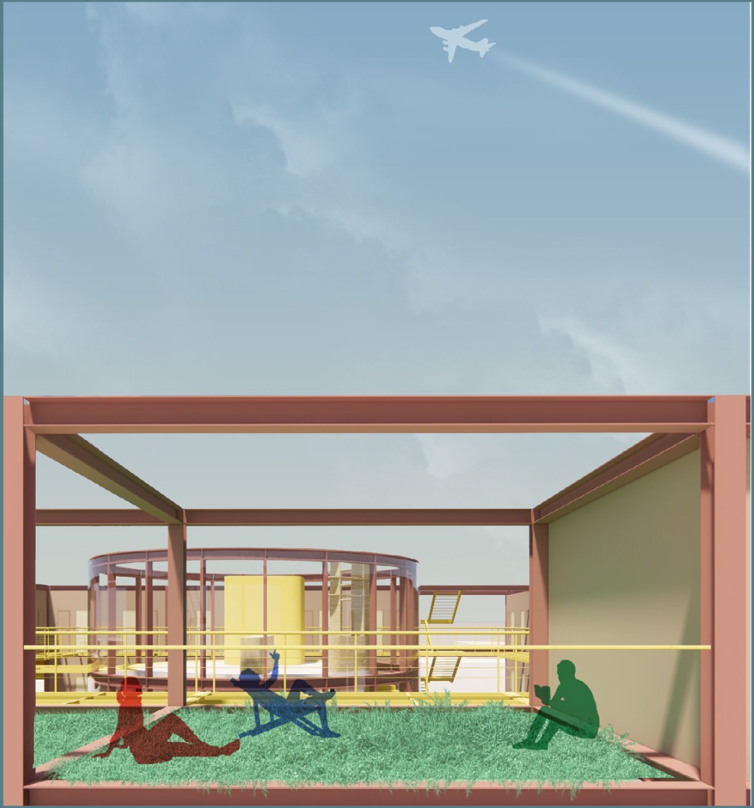 Rooftop render of a red steel frame with a grass bed, three figures lounging, and a glazed cylinder beyond, under a jet contrail. Image: Renée and Alexandra