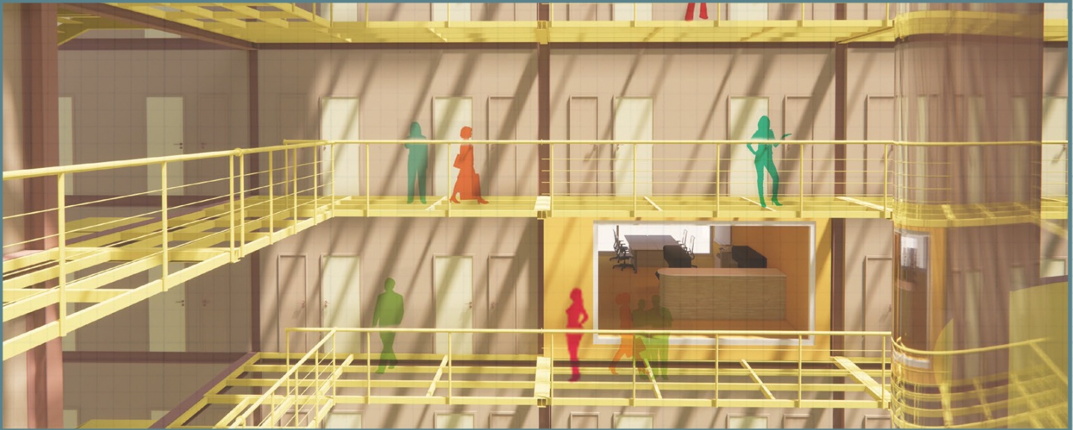 Interior render of stacked yellow steel walkways with railings and figures passing doors, with a glazed meeting room in the middle. Image: Renée and Alexandra
