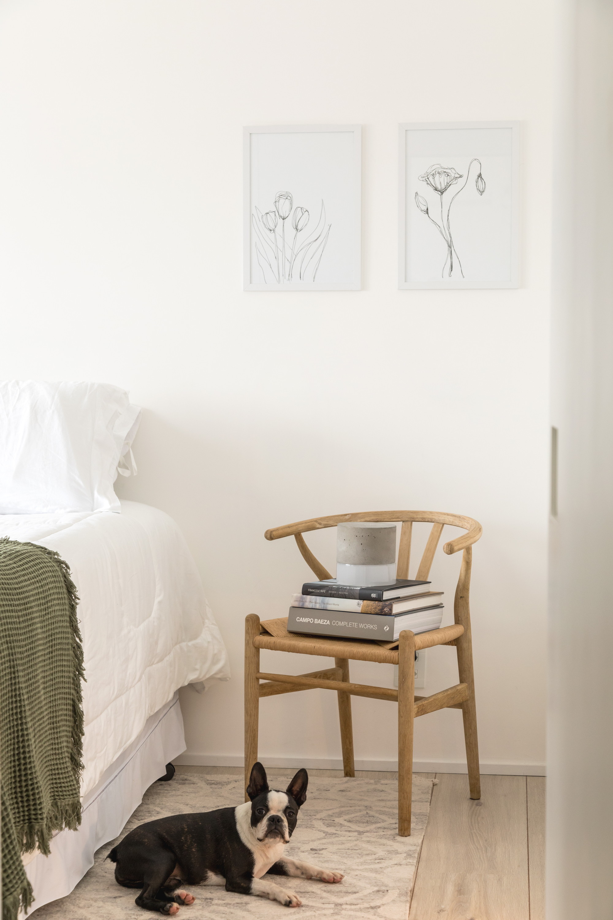 Bedroom corner with a wishbone chair stacked with books, two framed flower drawings and a Boston terrier resting on the rug