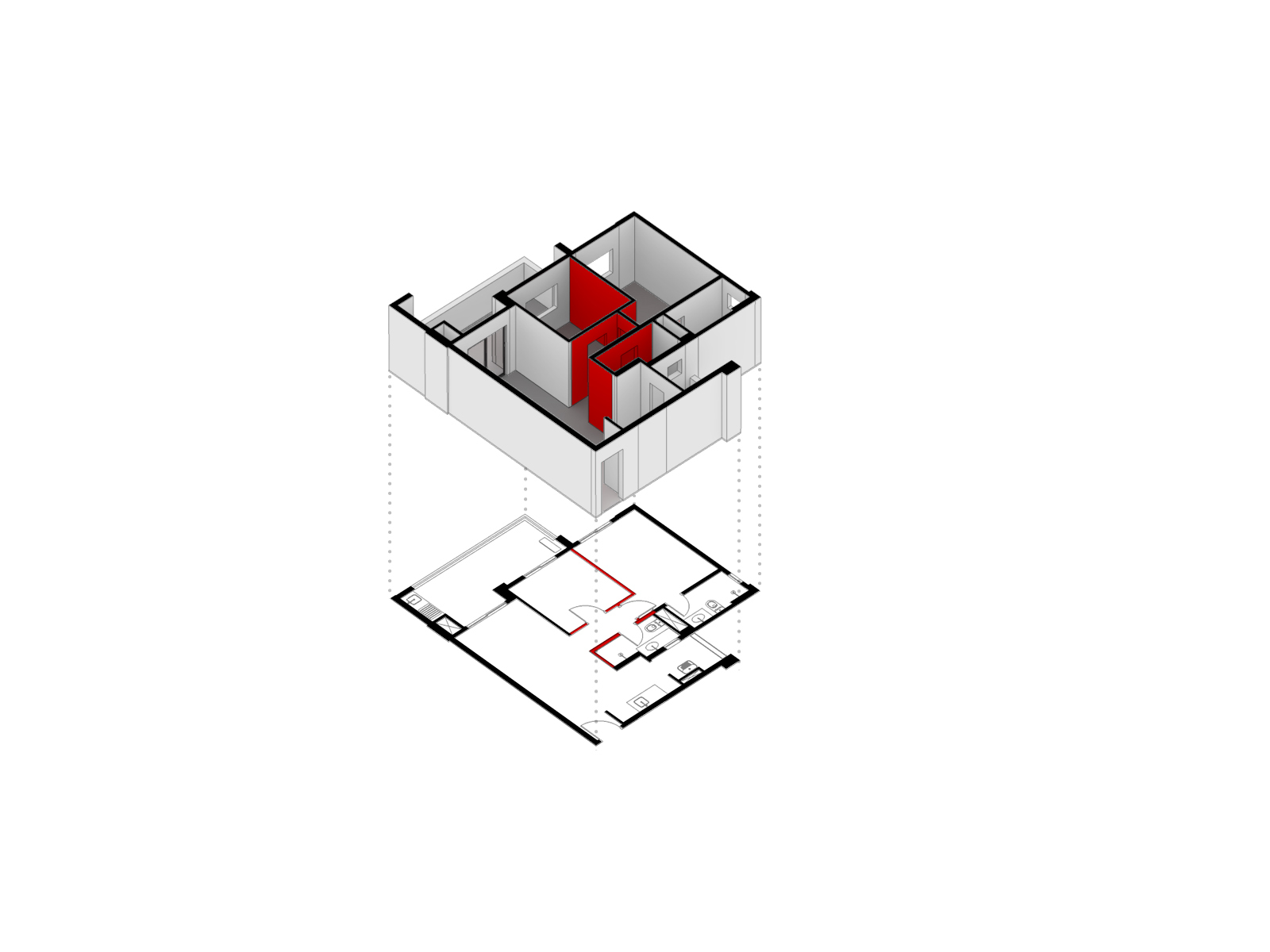 Exploded axonometric drawing of an apartment with red partition walls lifted above the matching floor plan