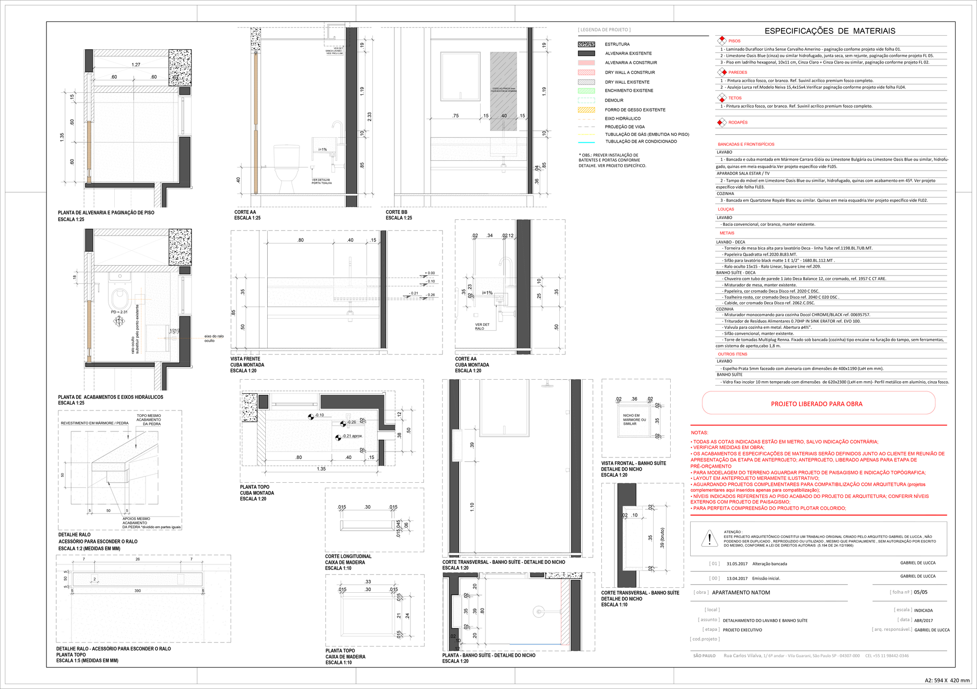 Detail drawing sheet of bathroom plans, sections and elevations showing vanity, shower niche and fixtures, with a materials specification list