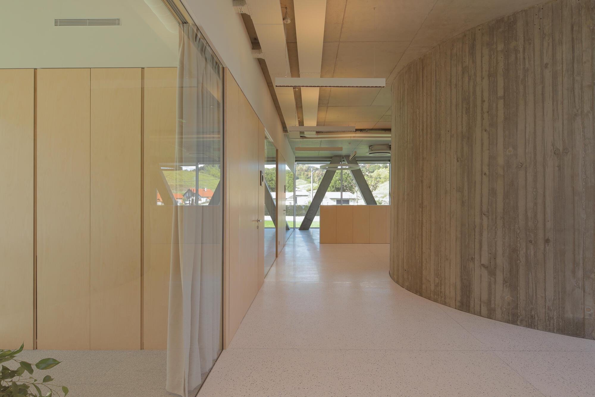 Terrazzo corridor curving along a board-marked concrete wall, with plywood partitions and a sheer curtain beside a glazed facade