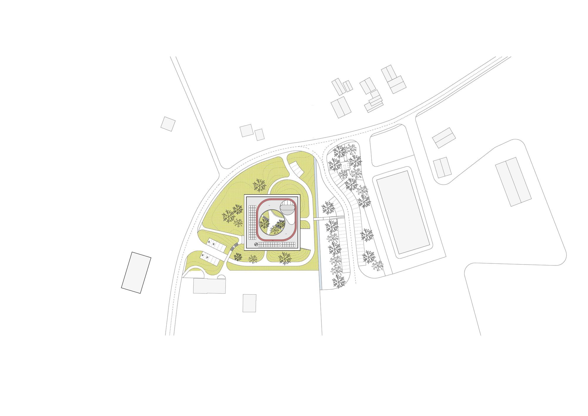 Site plan drawing showing a square building with a circular courtyard set among roads, lawns, tree rows and neighbouring buildings
