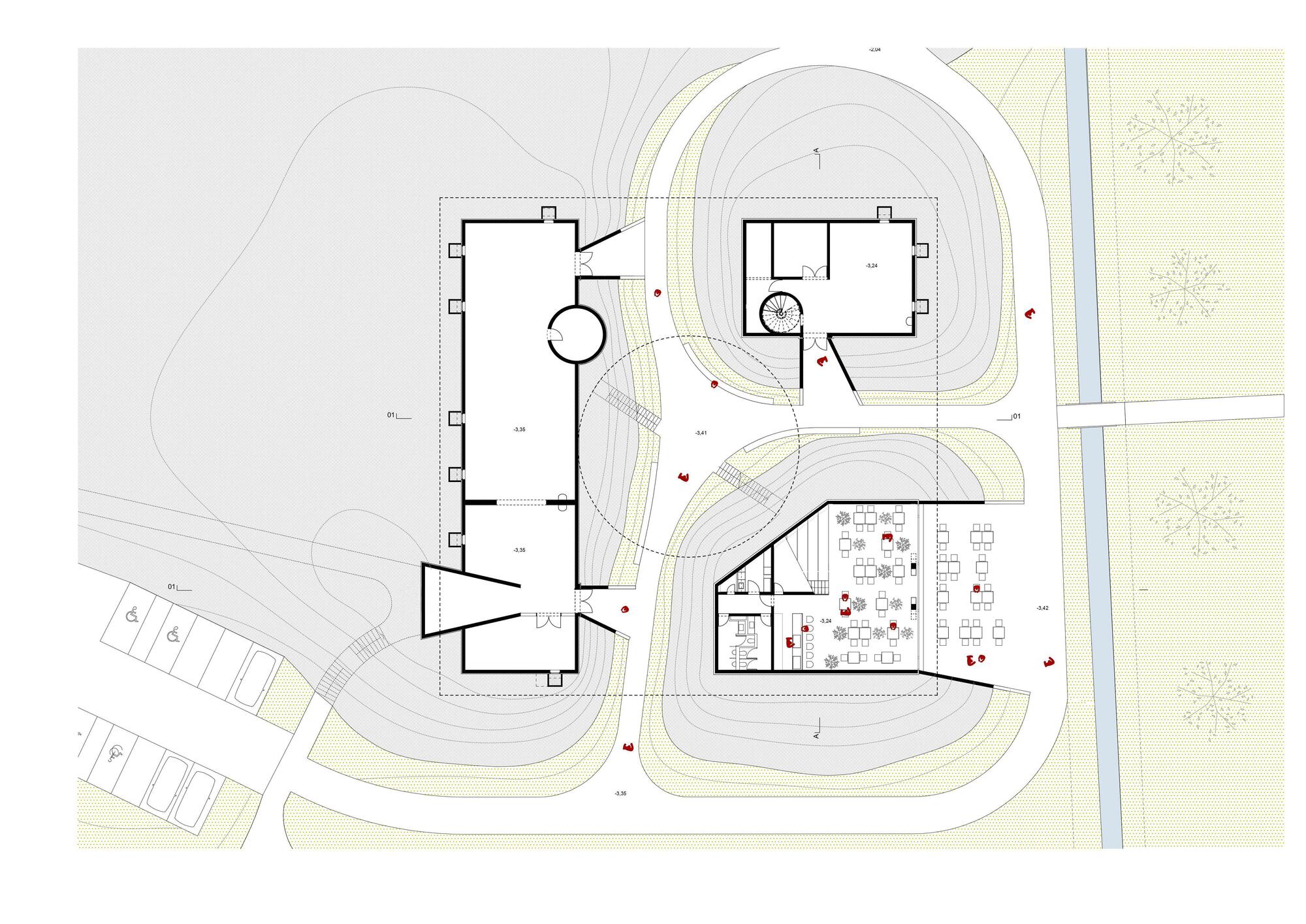 Lower level floor plan drawing showing separate rooms and a cafe with tables, arranged around a circular void and curving landscaped ramps