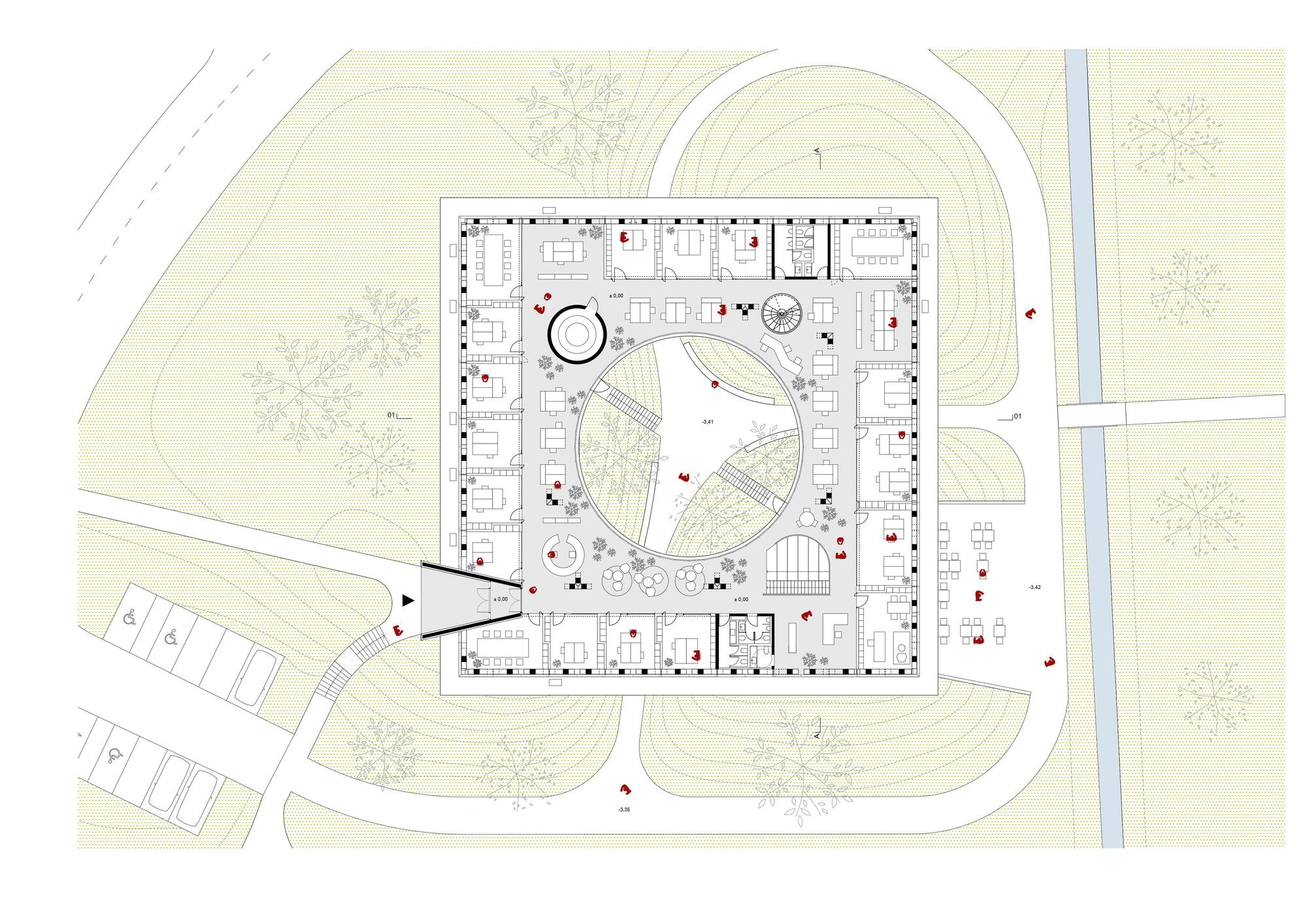 Upper floor plan drawing of a square building with perimeter offices around a circular courtyard, staircases and an angled entrance ramp