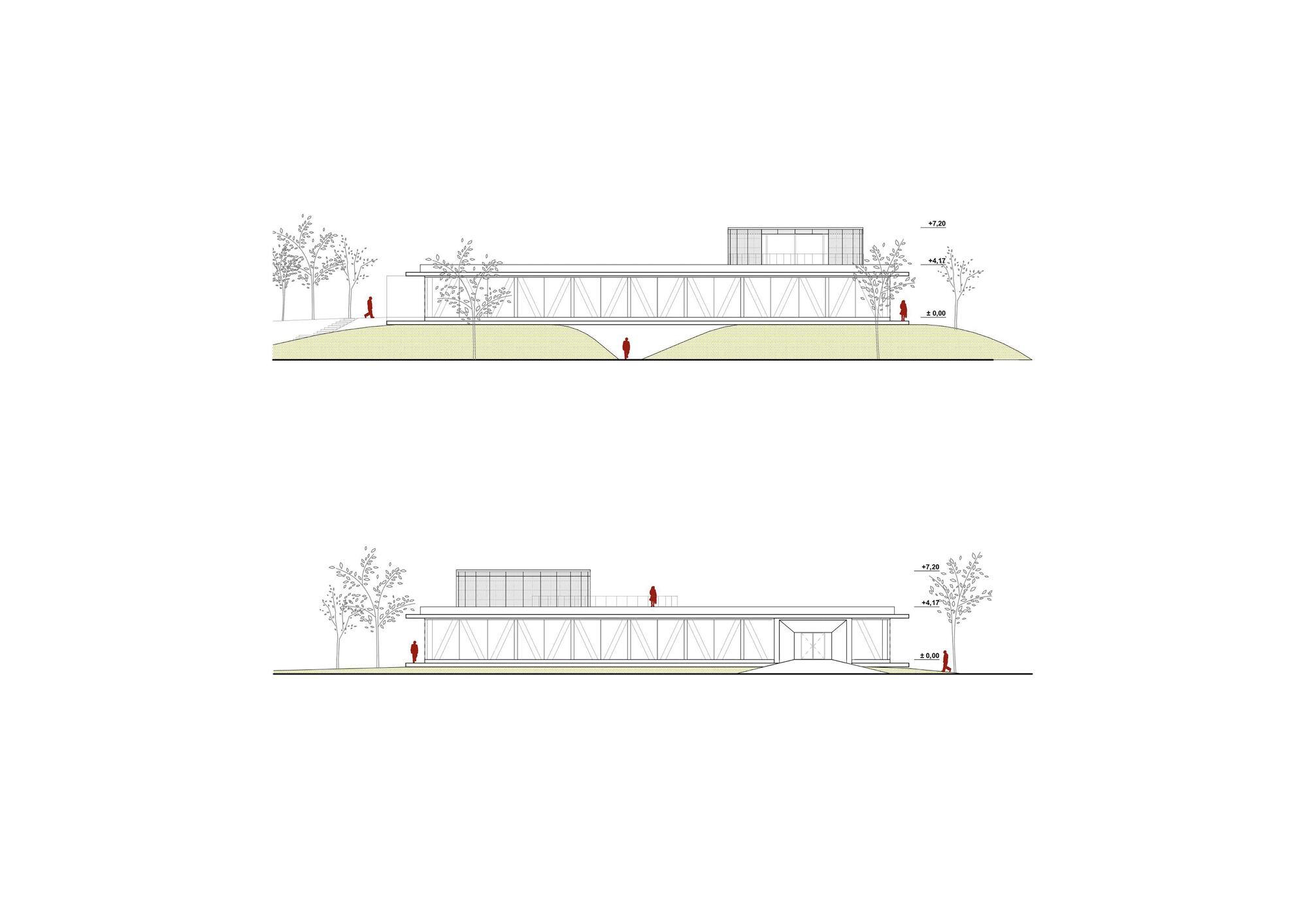 Two elevation drawings of a low glazed pavilion with diagonal bracing, a small rooftop box, an entrance recess and trees on a grassy mound