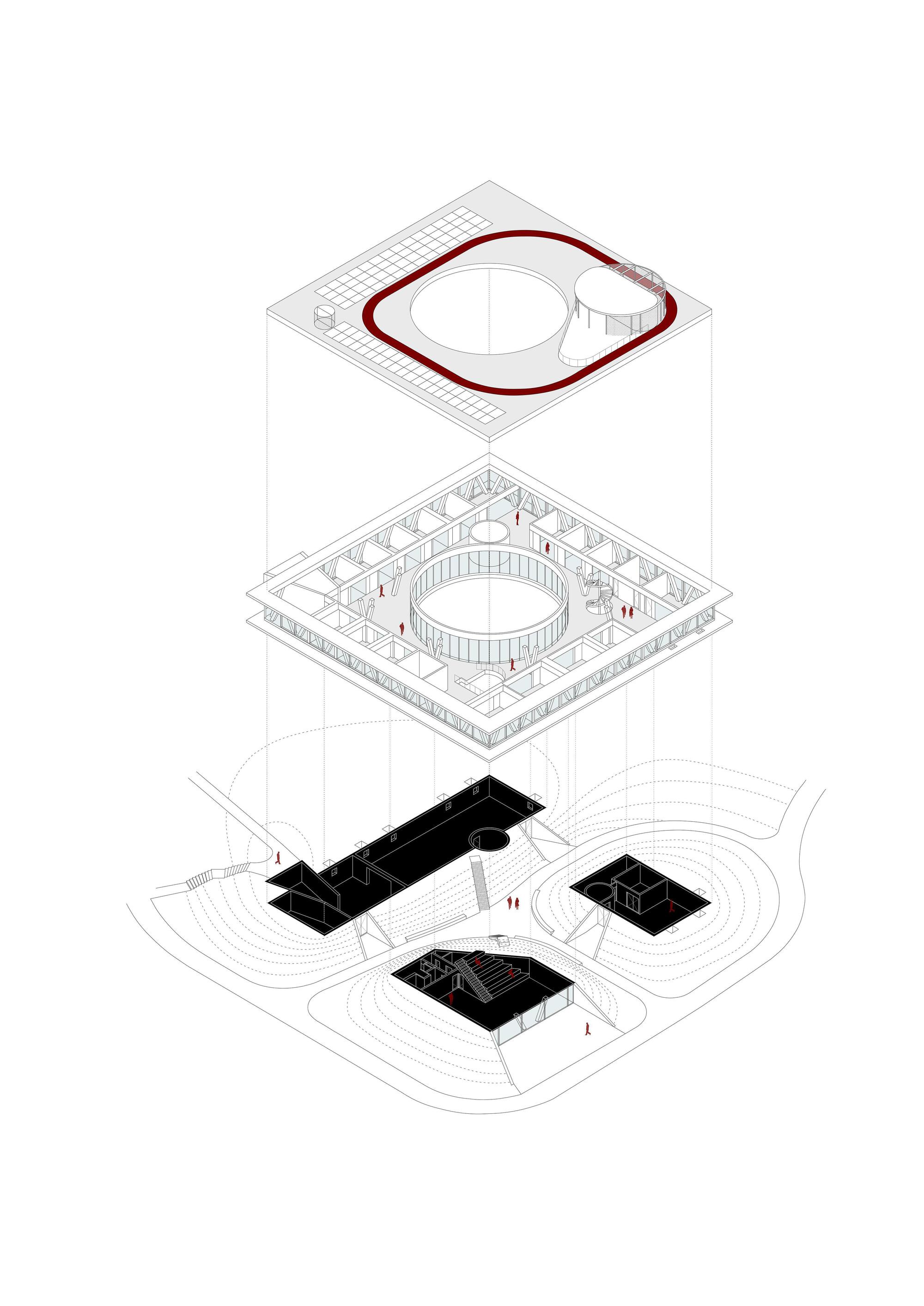 Exploded axonometric drawing separating a roof with a red track and circular openings, a ring-shaped floor plate and black basement volumes in the terrain