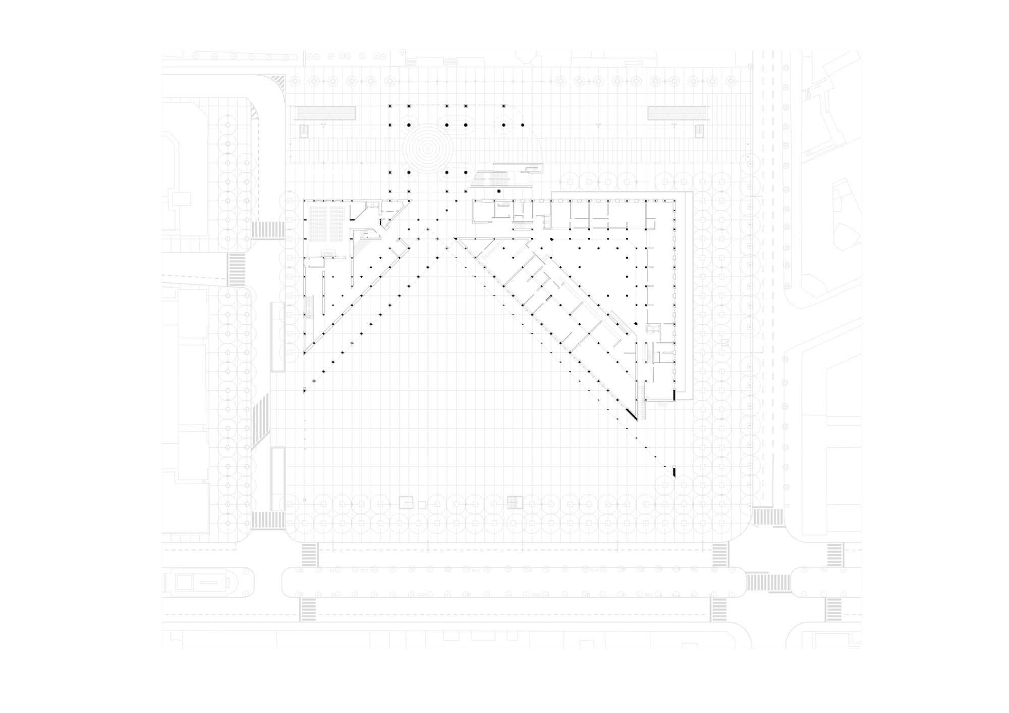 Site plan drawing of a triangular building footprint with dotted column grids opening onto a large paved square and surrounding streets