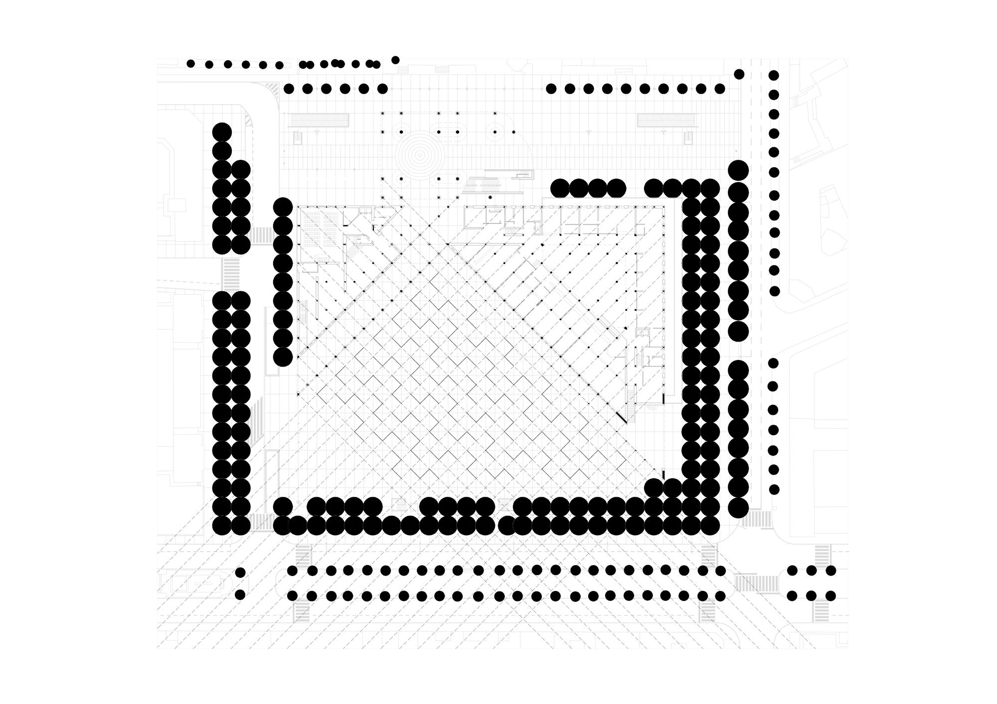 Site plan drawing with black tree circles ringing the square and a dense diagonal grid pattern covering the central paving