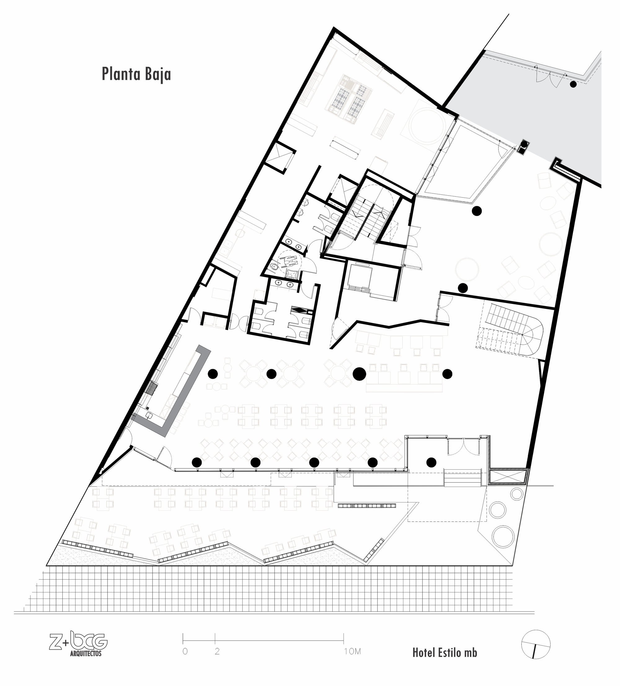 Ground floor plan drawing of a triangular lot showing a long bar, dining tables, columns and a zigzag terrace edge