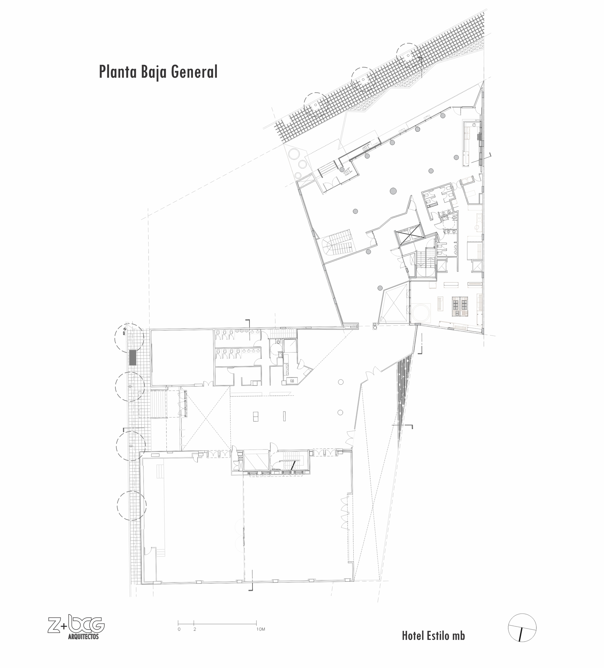 General ground floor plan drawing showing two joined building footprints with a large hall, restrooms, circulation cores and street trees
