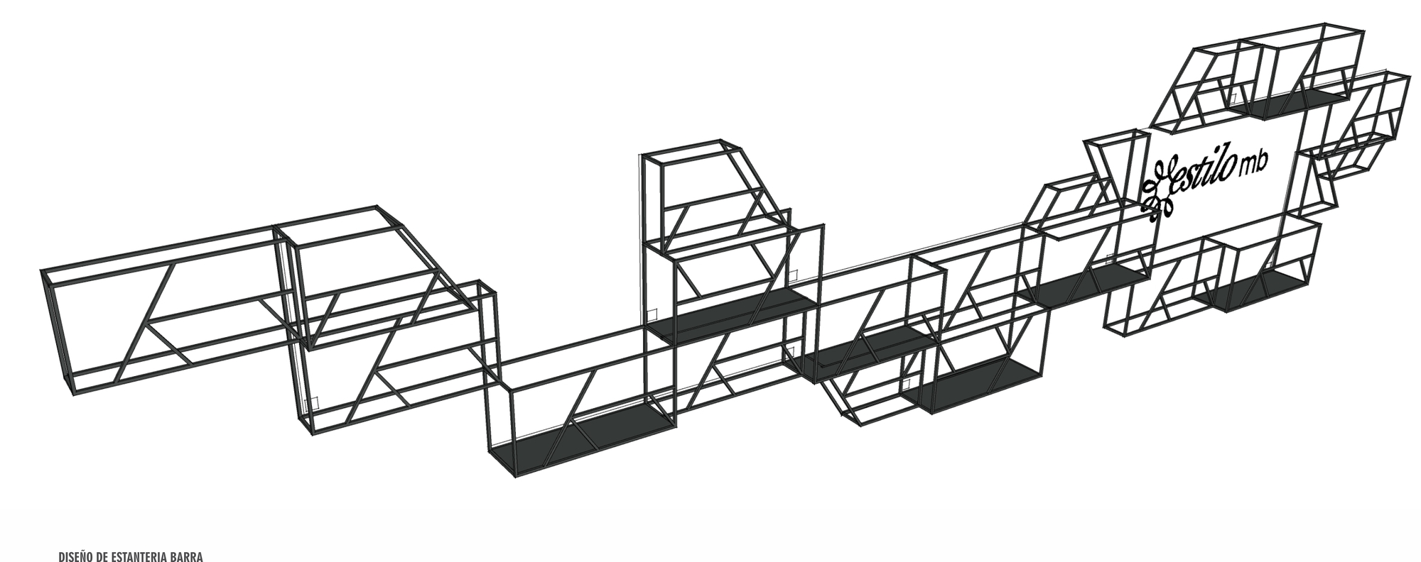 Axonometric drawing of a black steel shelving system with angular framed bays stepping up toward a sign panel