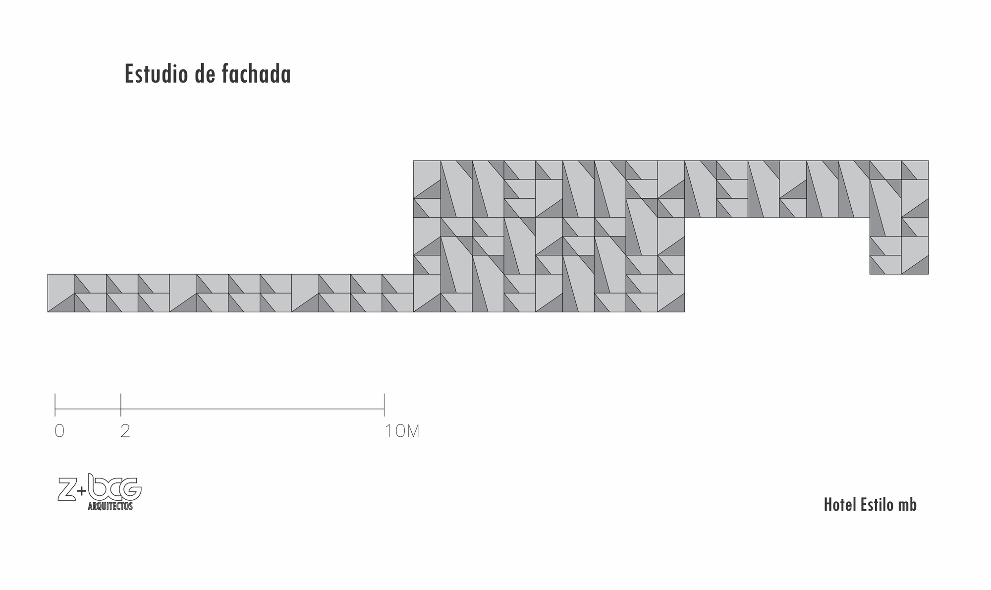 Facade study elevation drawing showing a grid of grey triangular tile patterns across stepped panels, with a metric scale bar