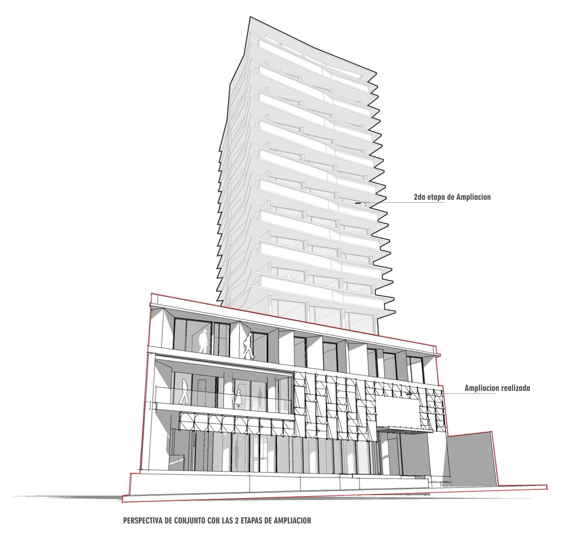 Perspective drawing of the built low podium with a tall slender tower of balconies rising above as a planned second stage