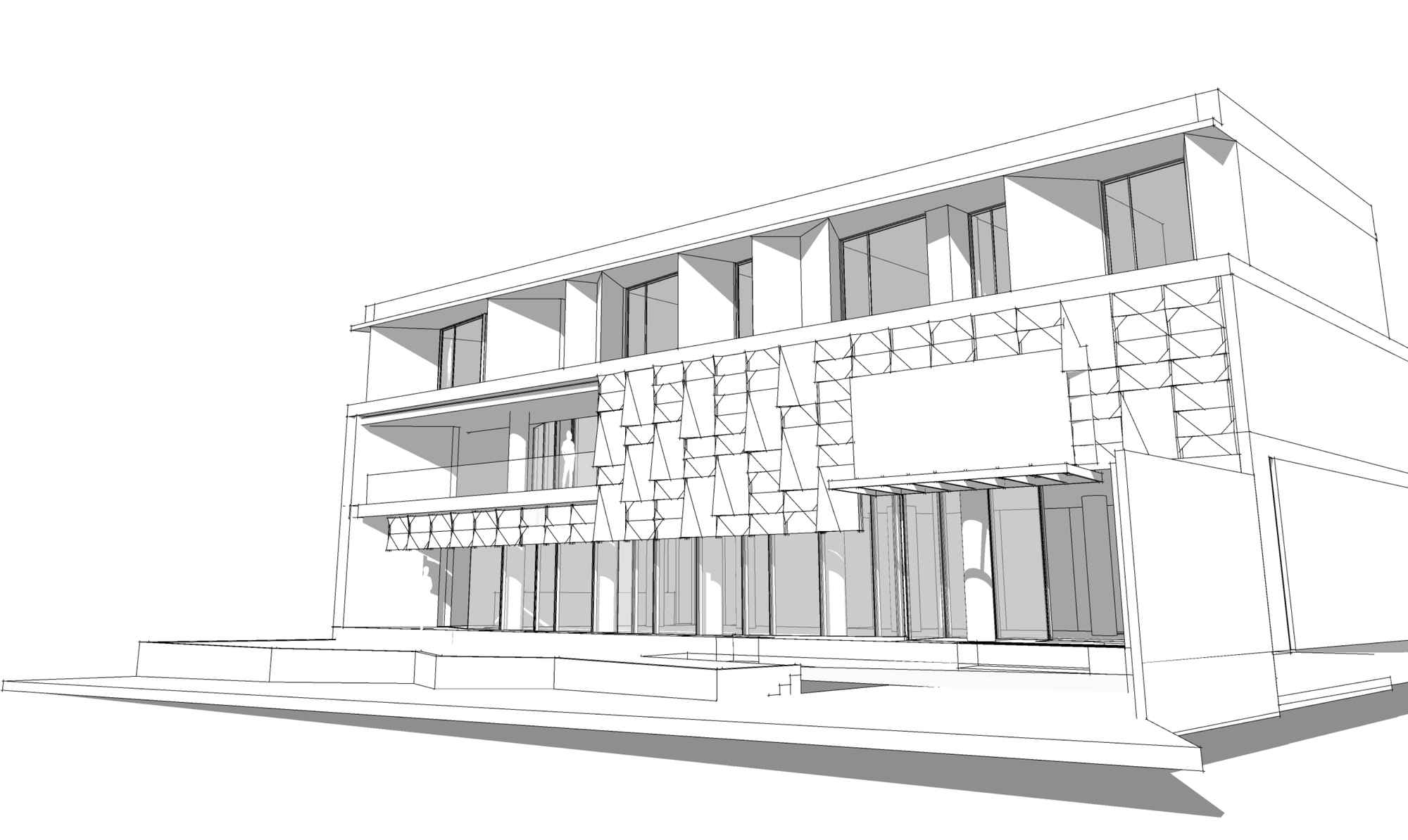 Line perspective drawing of the three-storey facade with a triangulated pattern panel, recessed balcony and glazed ground floor with cast shadows