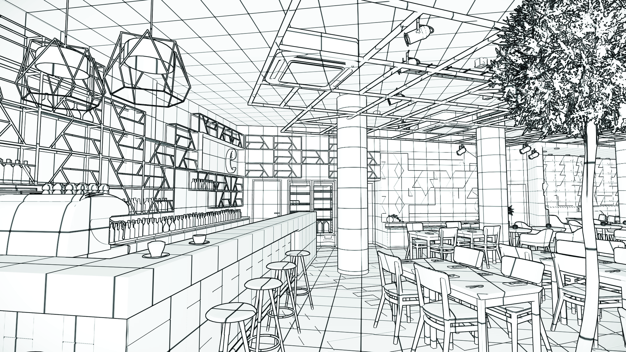 Interior line drawing of a cafe with a tiled bar, stools, geometric shelving, pendant lamps and a tree beside the tables