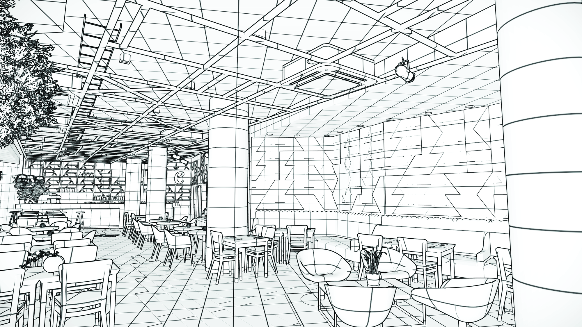 Interior line drawing of a cafe dining room with round columns, exposed ceiling grid, zigzag wall pattern and lounge chairs