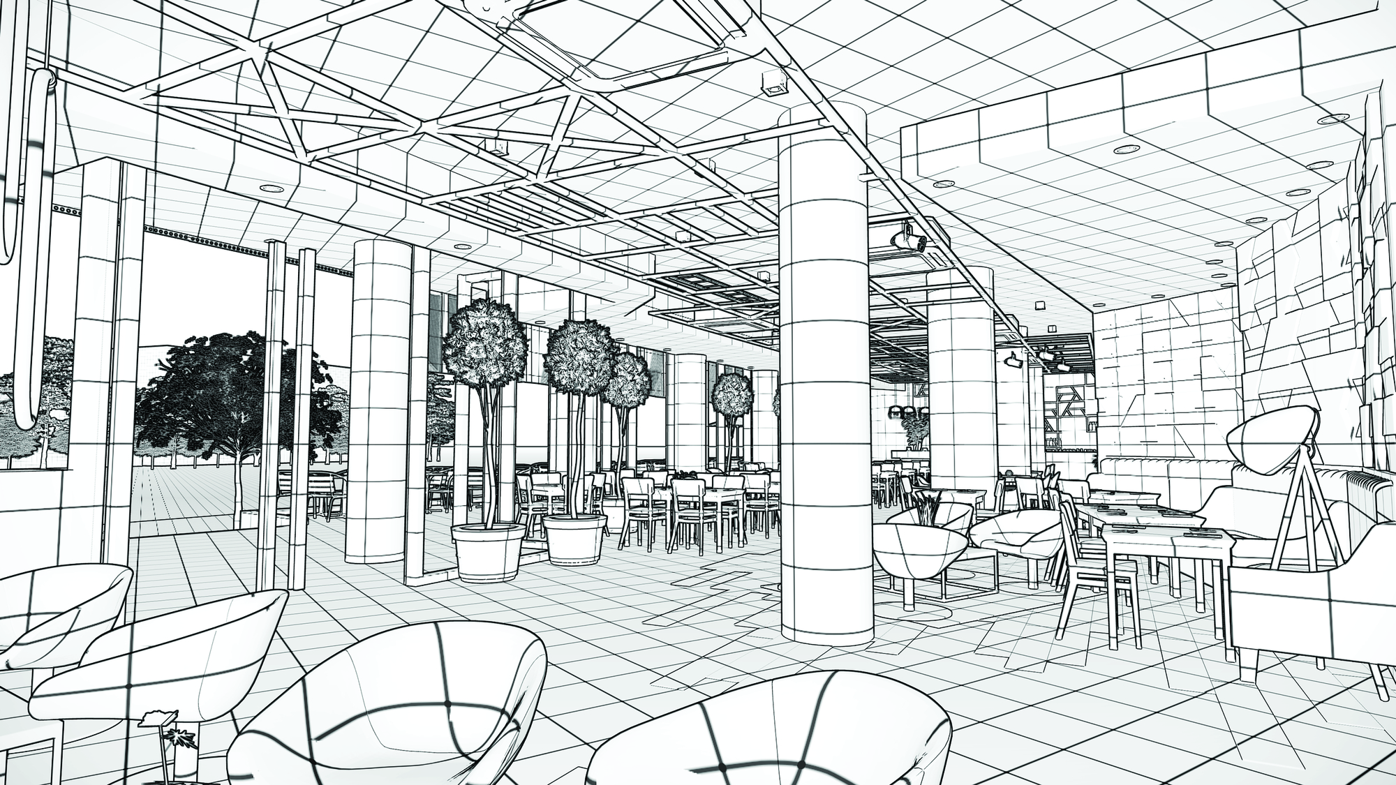 Perspective line drawing of a cafe interior with round columns, potted topiary trees, lounge chairs and dining tables beside a glazed edge