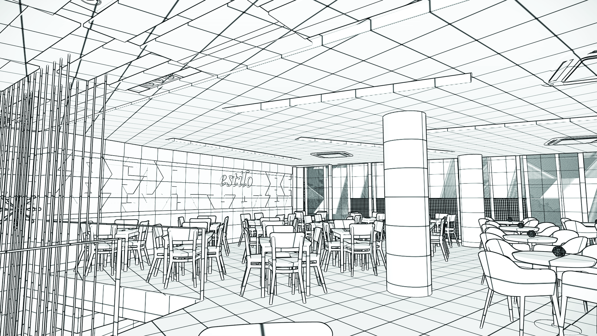 Perspective line drawing of a dining hall with a round column, timber chairs, a lettered feature wall and a gridded ceiling