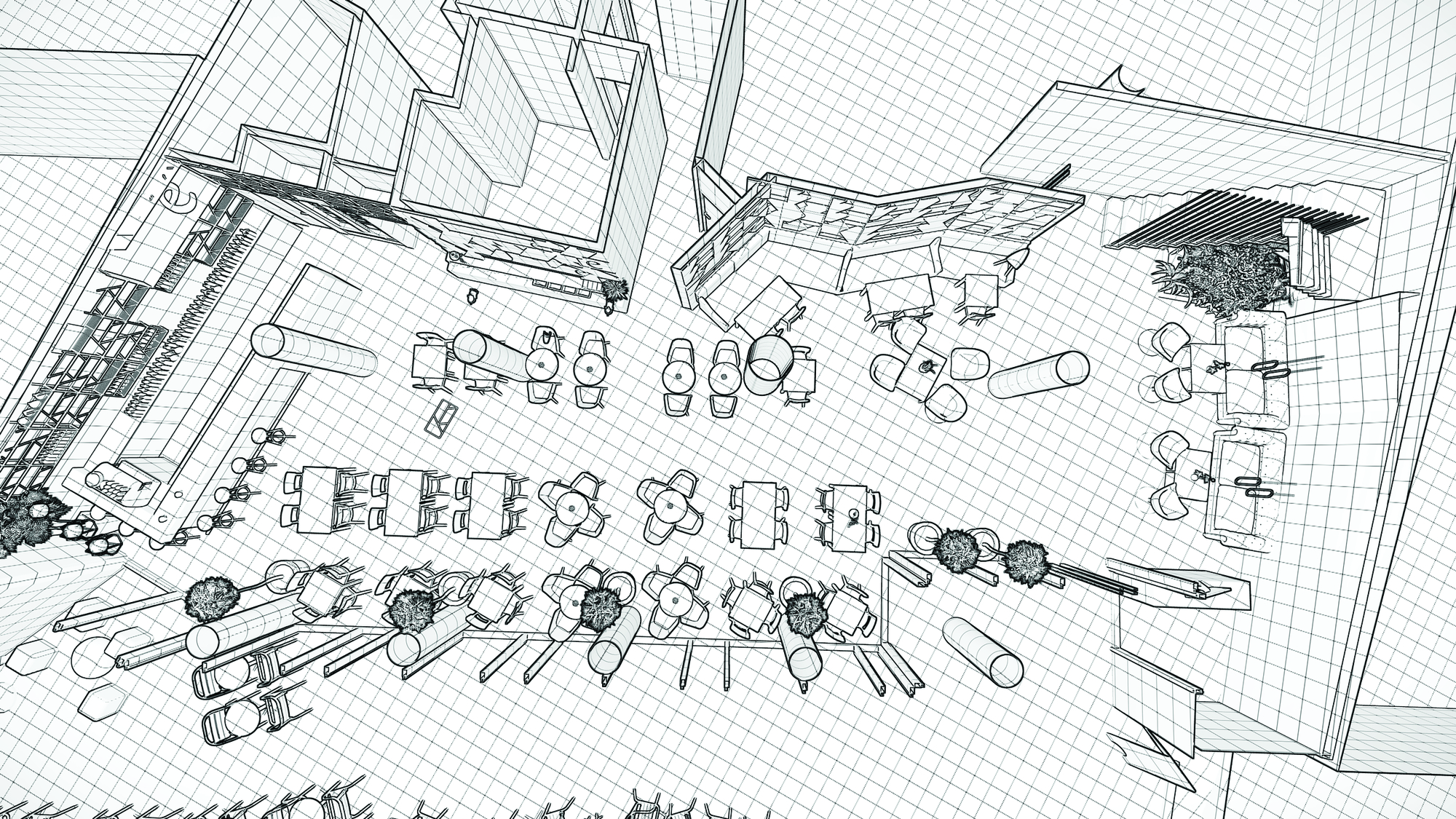 Aerial perspective drawing of a cafe floor layout showing tables, chairs, columns, planters and a service counter along one side