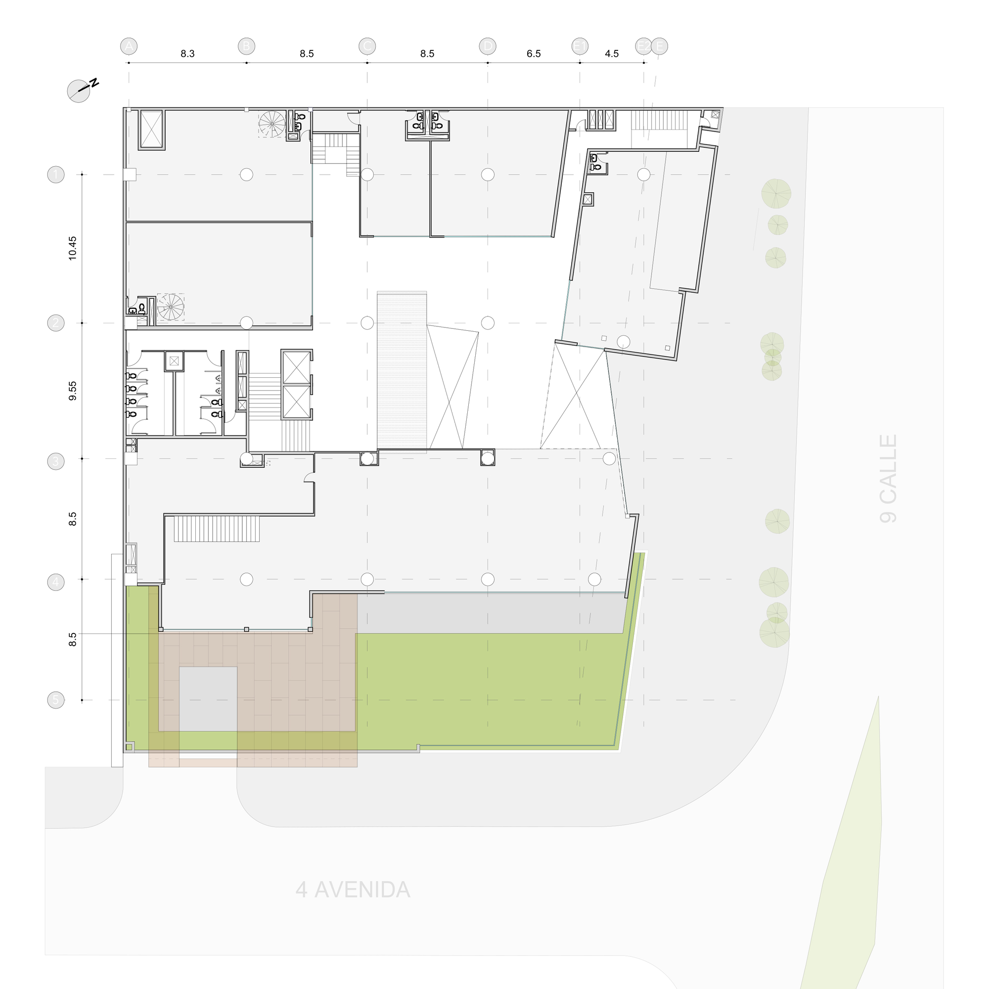 Plan drawing of a higher level with a green terrace and timber deck along the street frontage beside enclosed offices