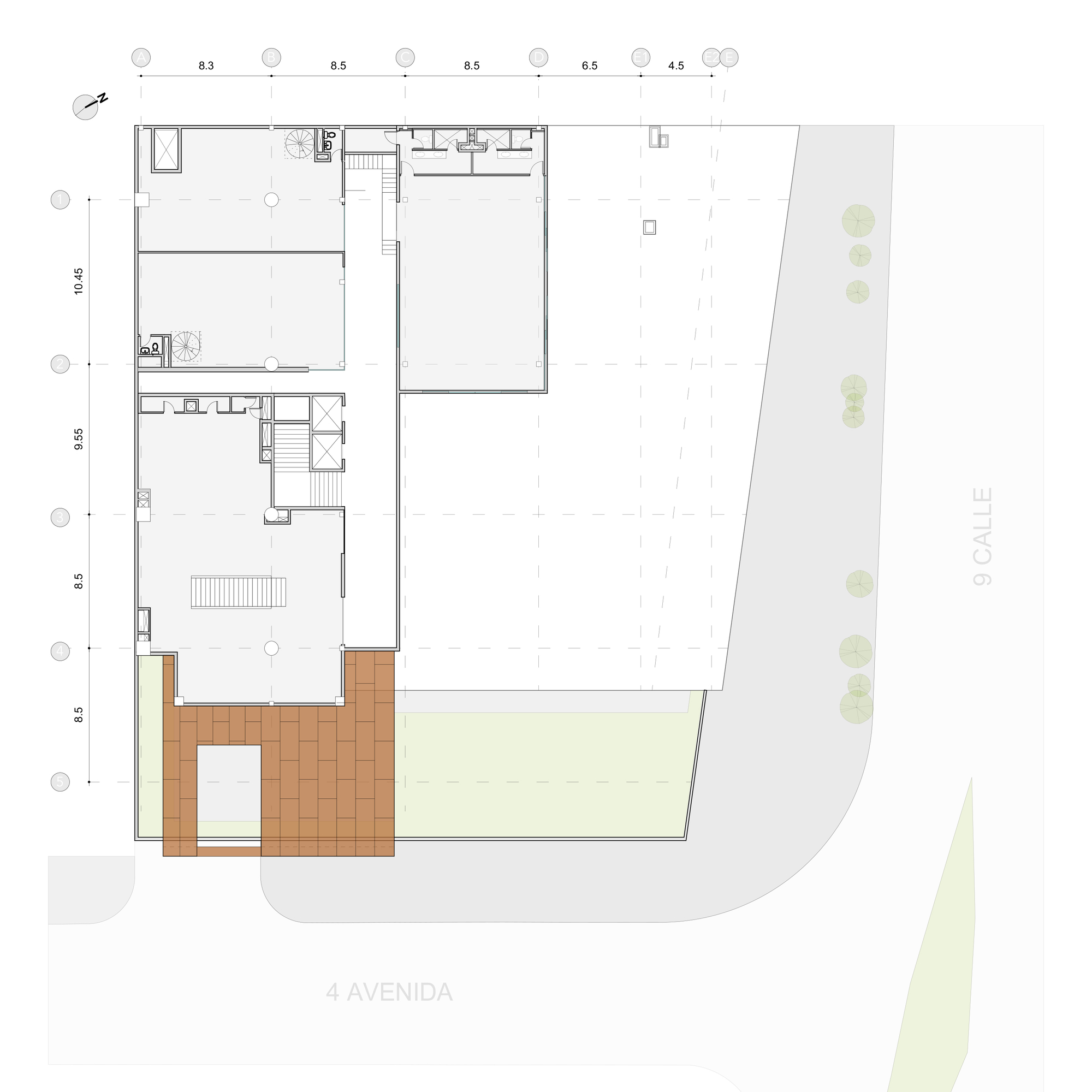 Plan drawing of a top level showing a stepped floor plate, a timber deck and green roof area facing the avenue
