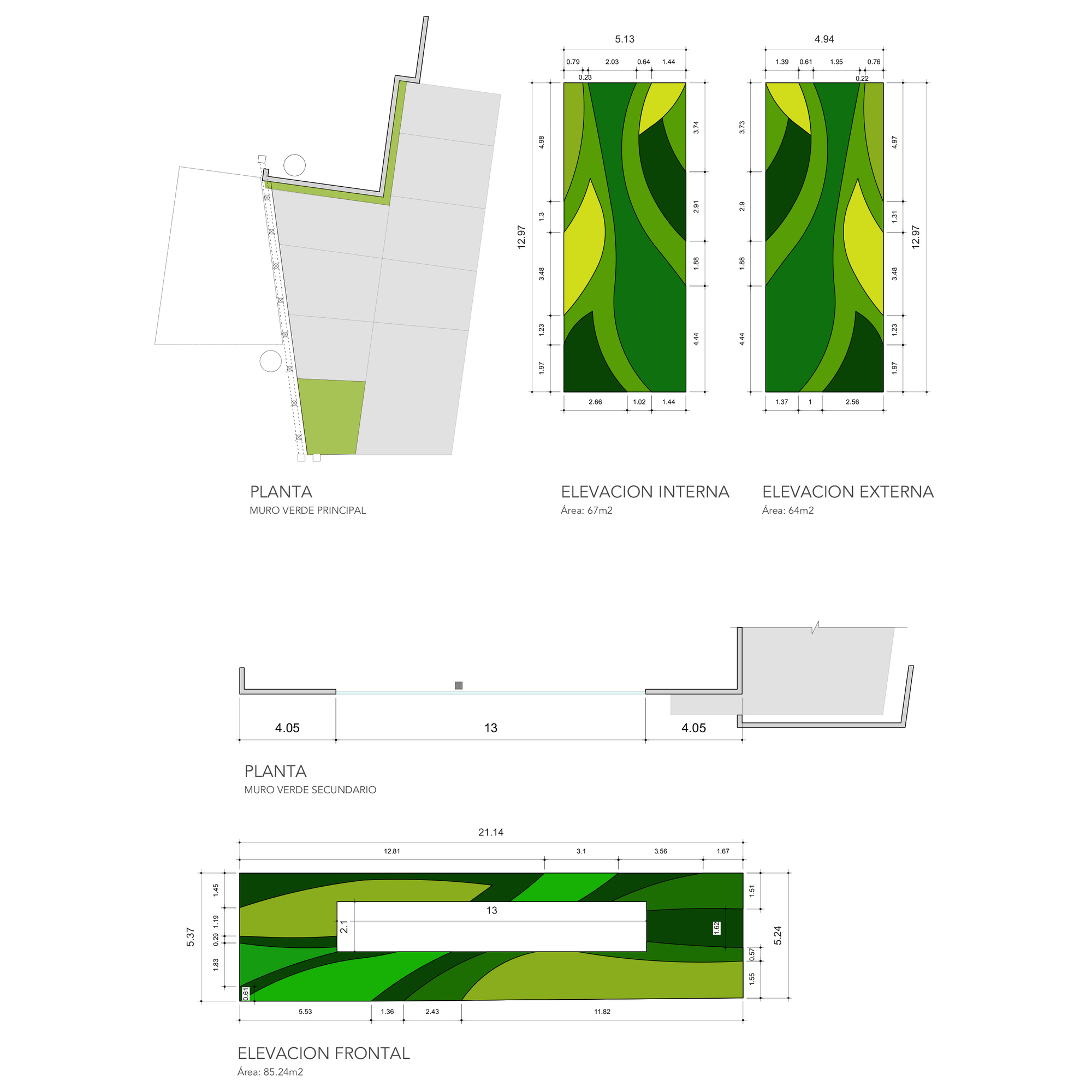 Set of plan and elevation drawings with dimensions for two green wall panels in layered patterns of green tones