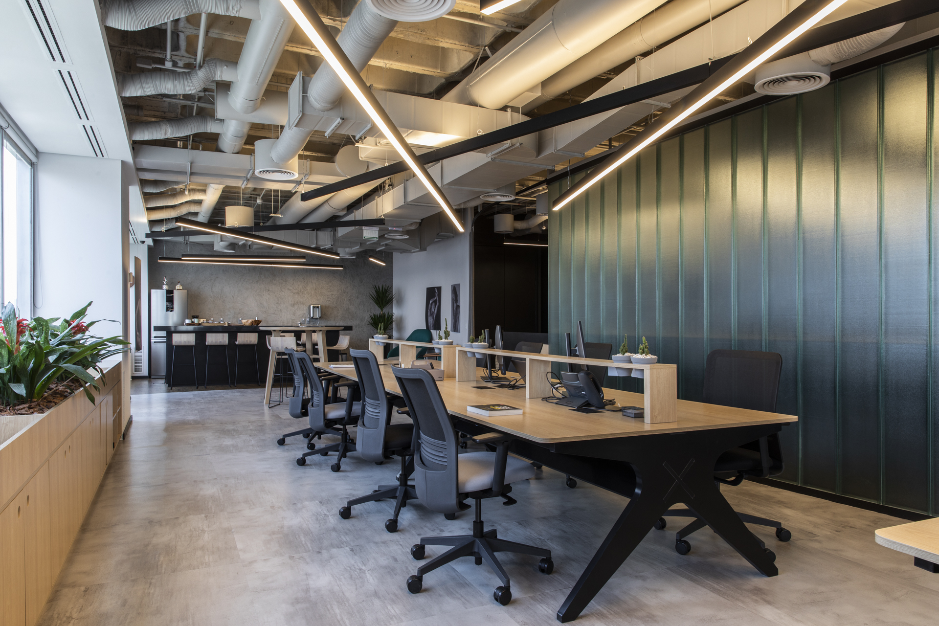 Row of timber desks with black X-frame legs beside a green ribbed glass wall, planter at left and linear lights overhead