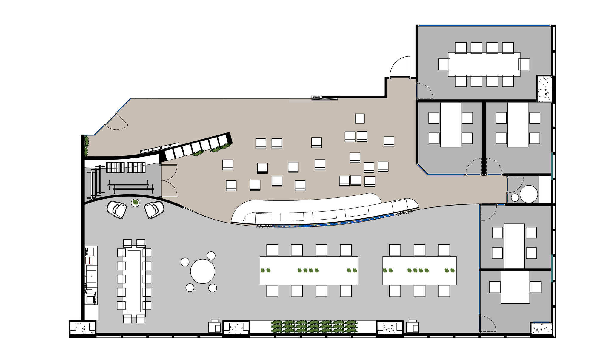 Floor plan drawing of an office showing a curved central reception counter, long shared tables, a round table and enclosed meeting rooms along the edge