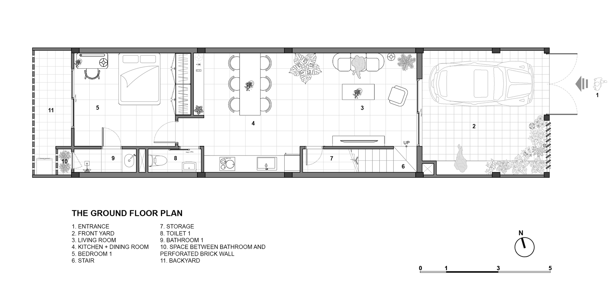 Ground floor plan drawing of a narrow house with a front yard car space, living room, kitchen, bedroom and backyard