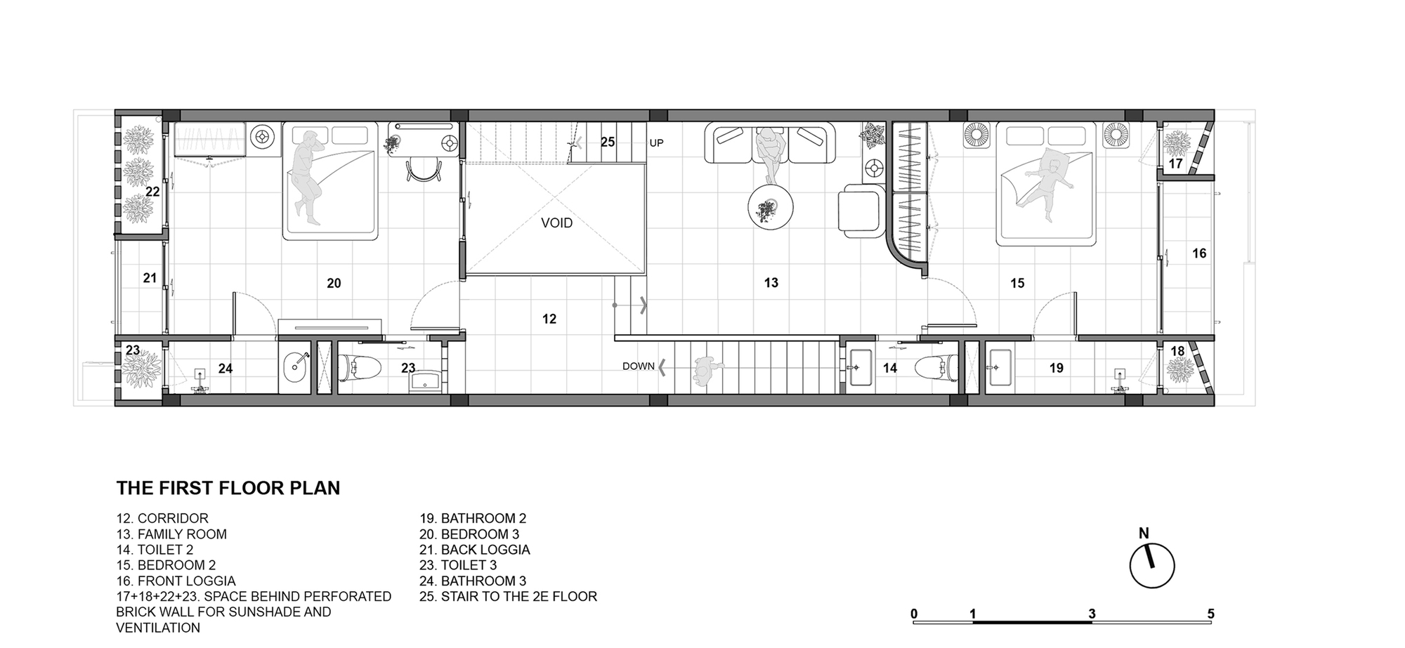First floor plan drawing showing two bedrooms, a central family room, a void and loggias at both ends