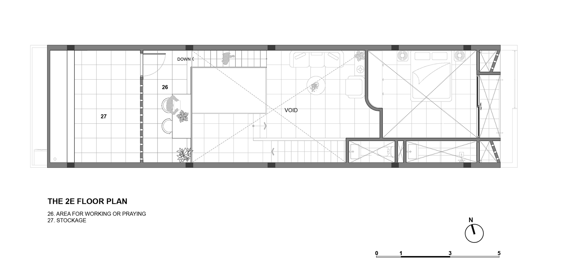 Top floor plan drawing with a work or prayer area, storage space, a void and a stair running through the middle