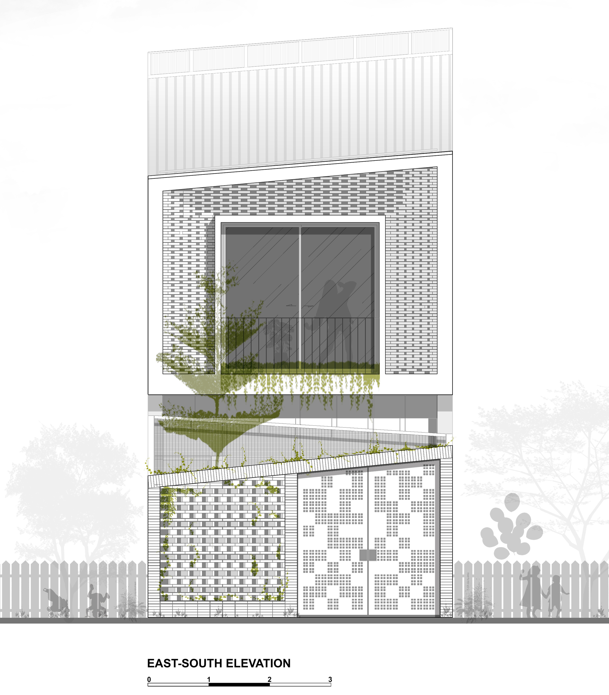 East-south elevation drawing of the perforated brick gate and screen wall with climbing vines, a balcony above and children playing beside a picket fence
