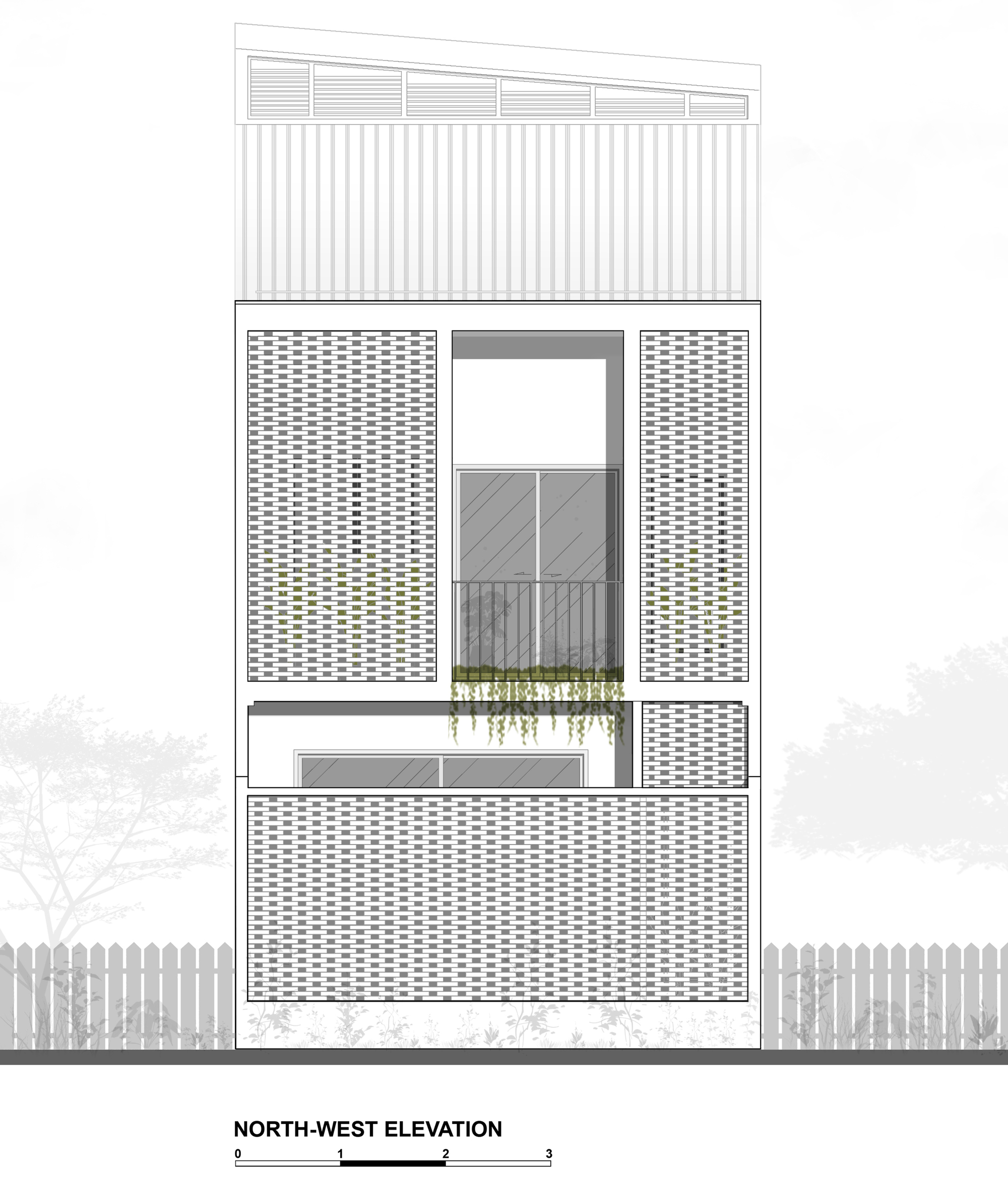 North-west elevation drawing of brick lattice panels flanking a recessed balcony with trailing plants, under a louvered roof and behind a picket fence