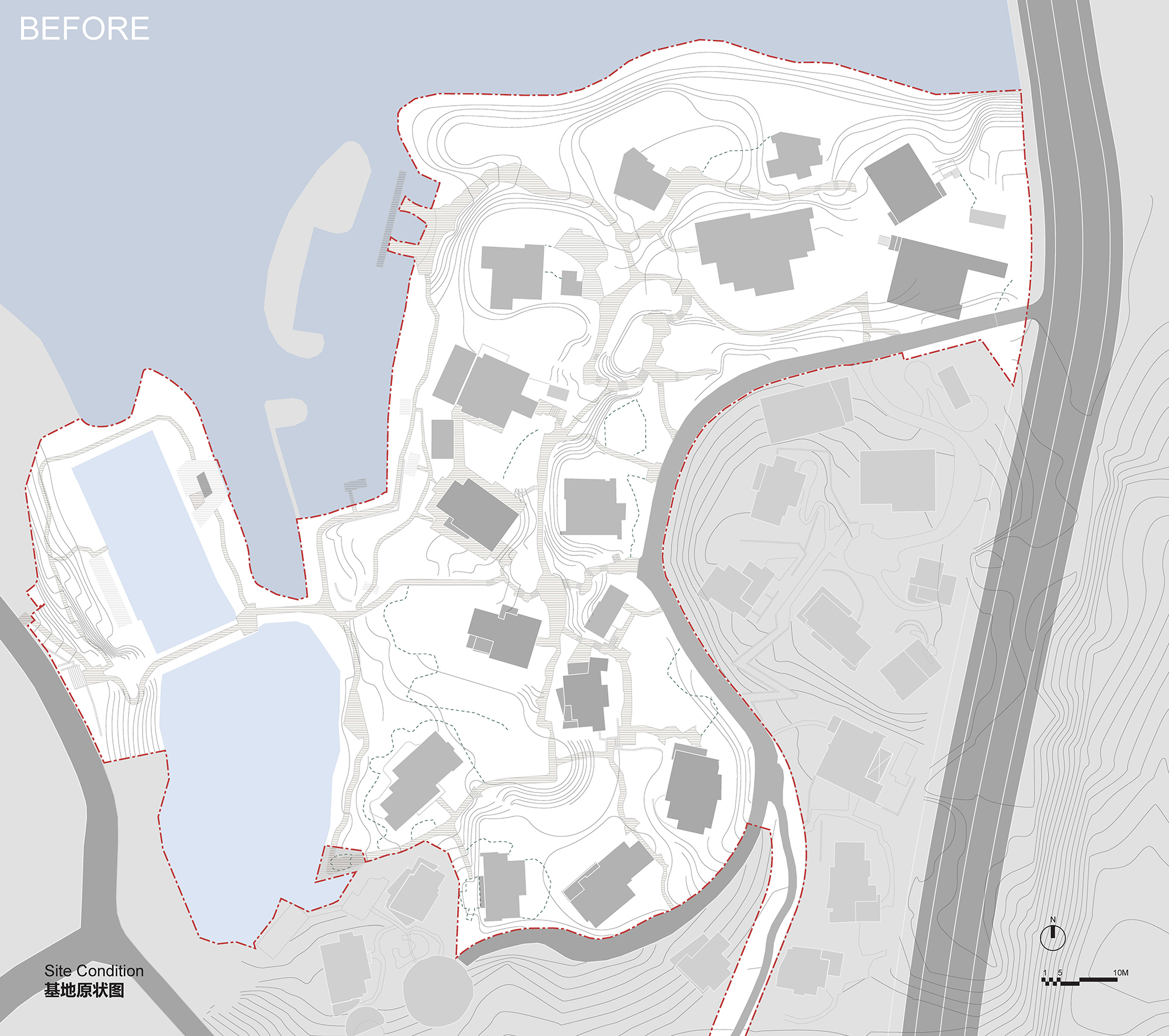 Site plan drawing labeled before, showing existing grey building footprints, contour lines, lake edges and the red site boundary beside a highway