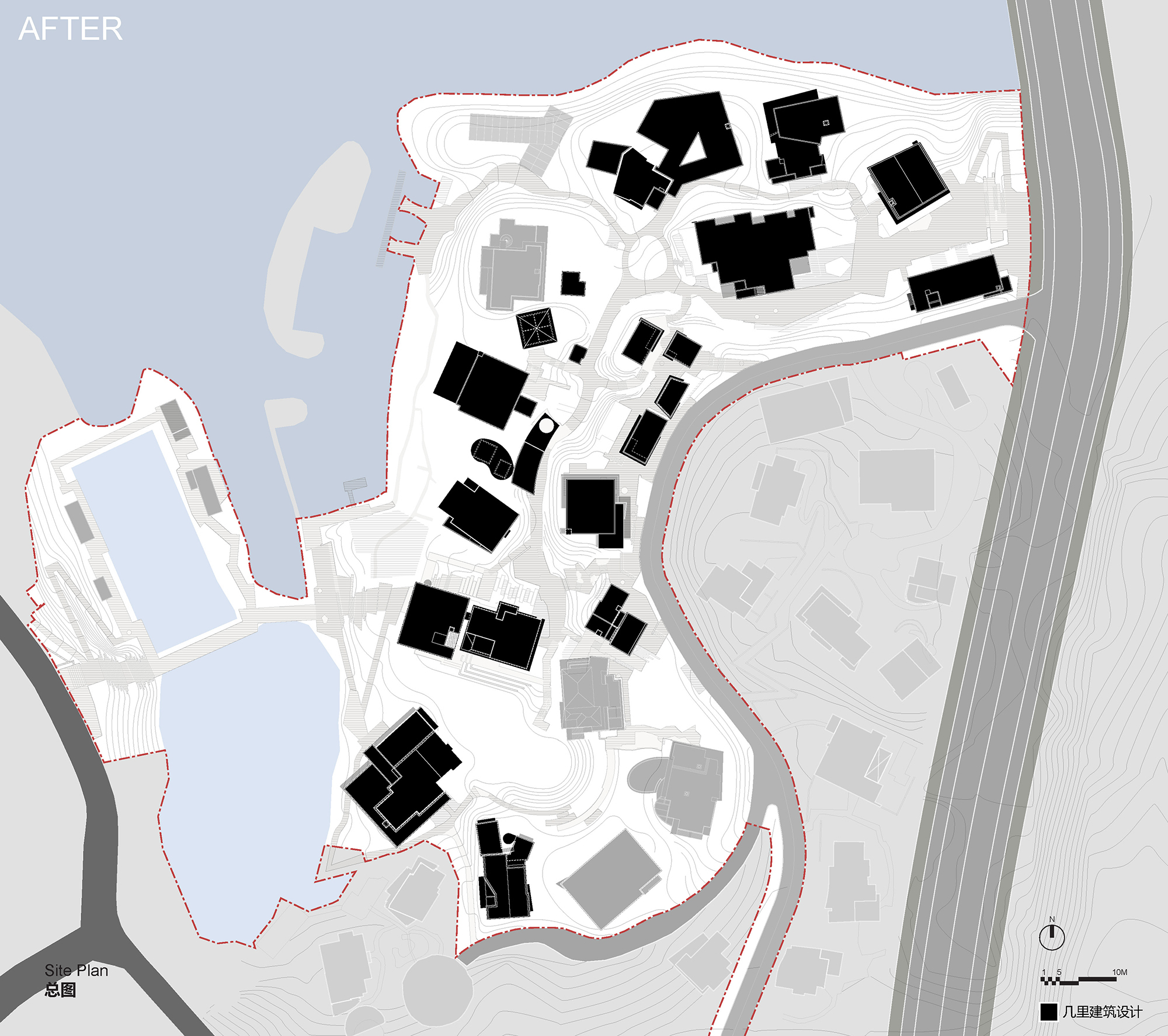 Site plan drawing labeled after, with new building footprints in black among retained grey ones, along the lake edge and the red boundary
