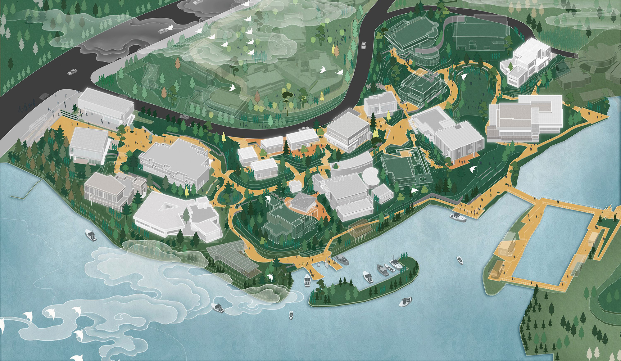 Aerial site illustration of white building volumes linked by yellow boardwalks and green planting along a curving shoreline, with boats and drifting mist