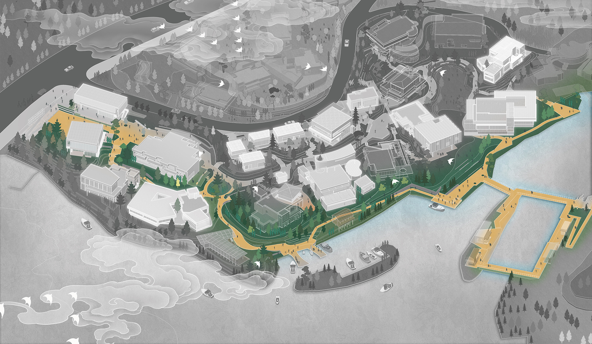 Aerial site diagram greyed out except the waterfront boardwalk loop and shoreline paths, highlighted in yellow and green beside moored boats