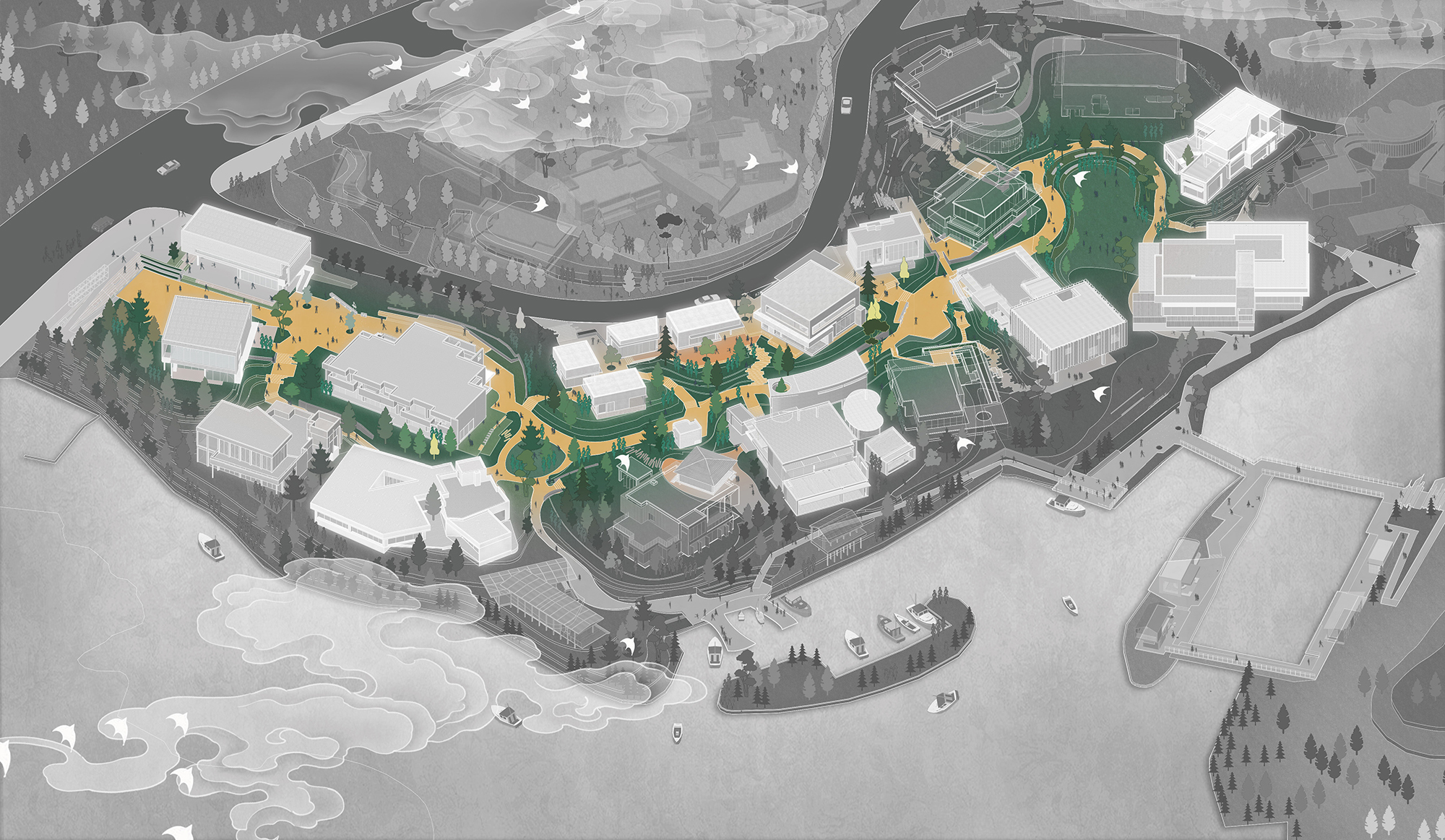 Aerial site diagram greyed out except the central path network winding between building volumes, picked out in yellow and green