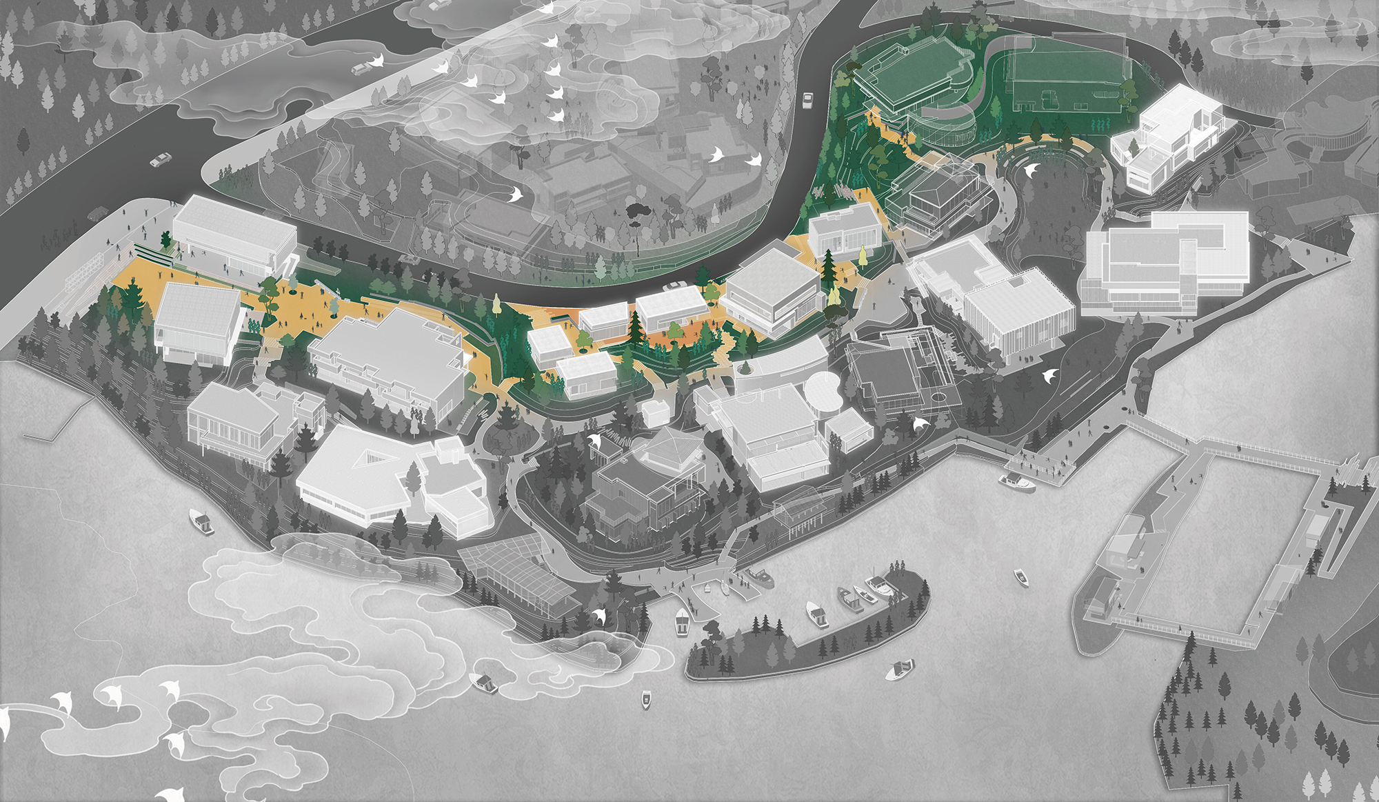 Aerial site diagram highlighting the hillside paths and planted terraces along the road edge, with the rest of the site in grey