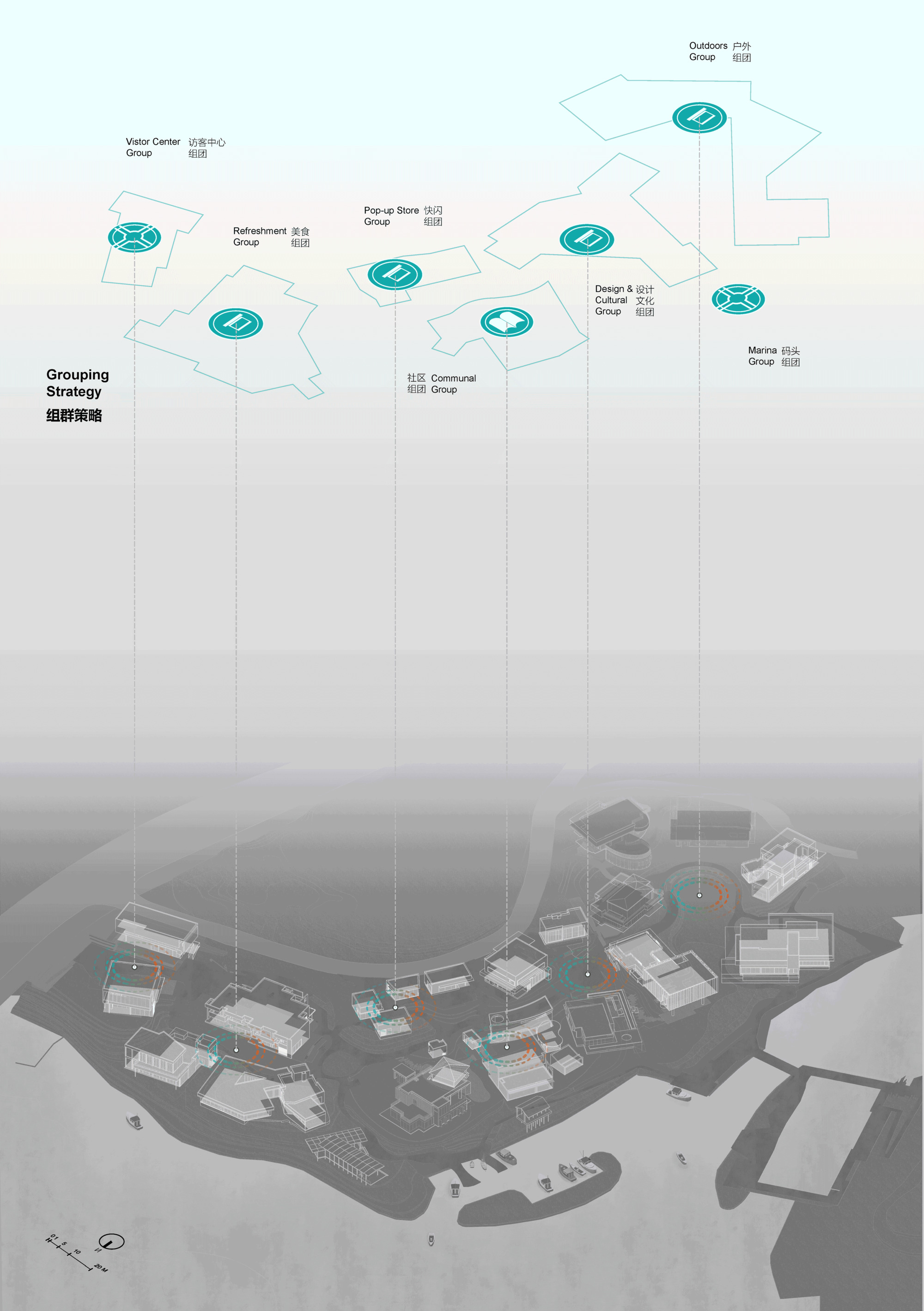 Exploded axonometric diagram of the grouping strategy, with teal outlines lifting building clusters such as visitor center, marina and outdoors above the site i