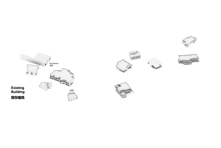 Axonometric drawing of existing white building volumes scattered across the site, with one long block marked as demolished