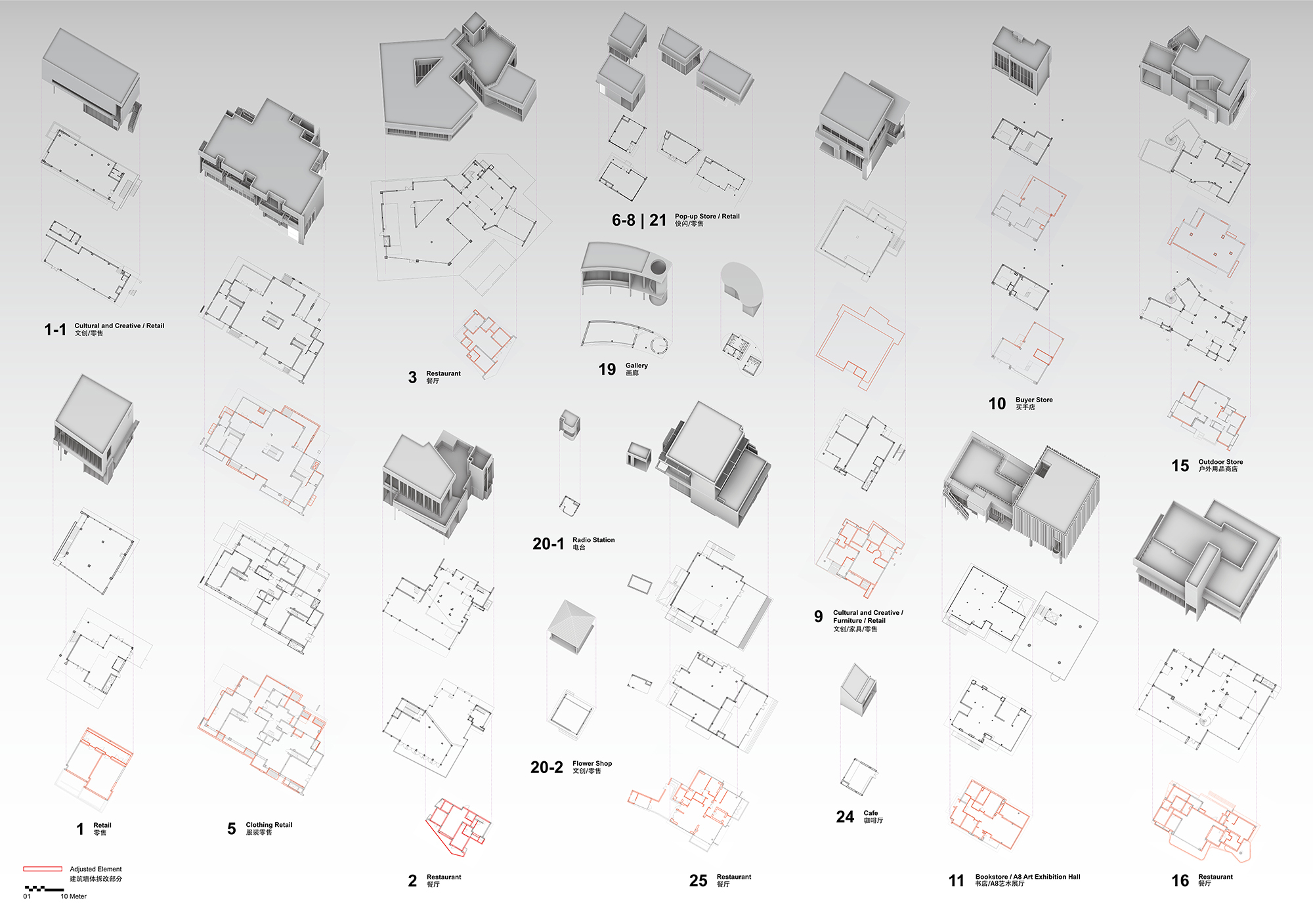 Exploded axonometric drawing of individual buildings split into roof, floor plans and red adjusted elements, each labeled by program