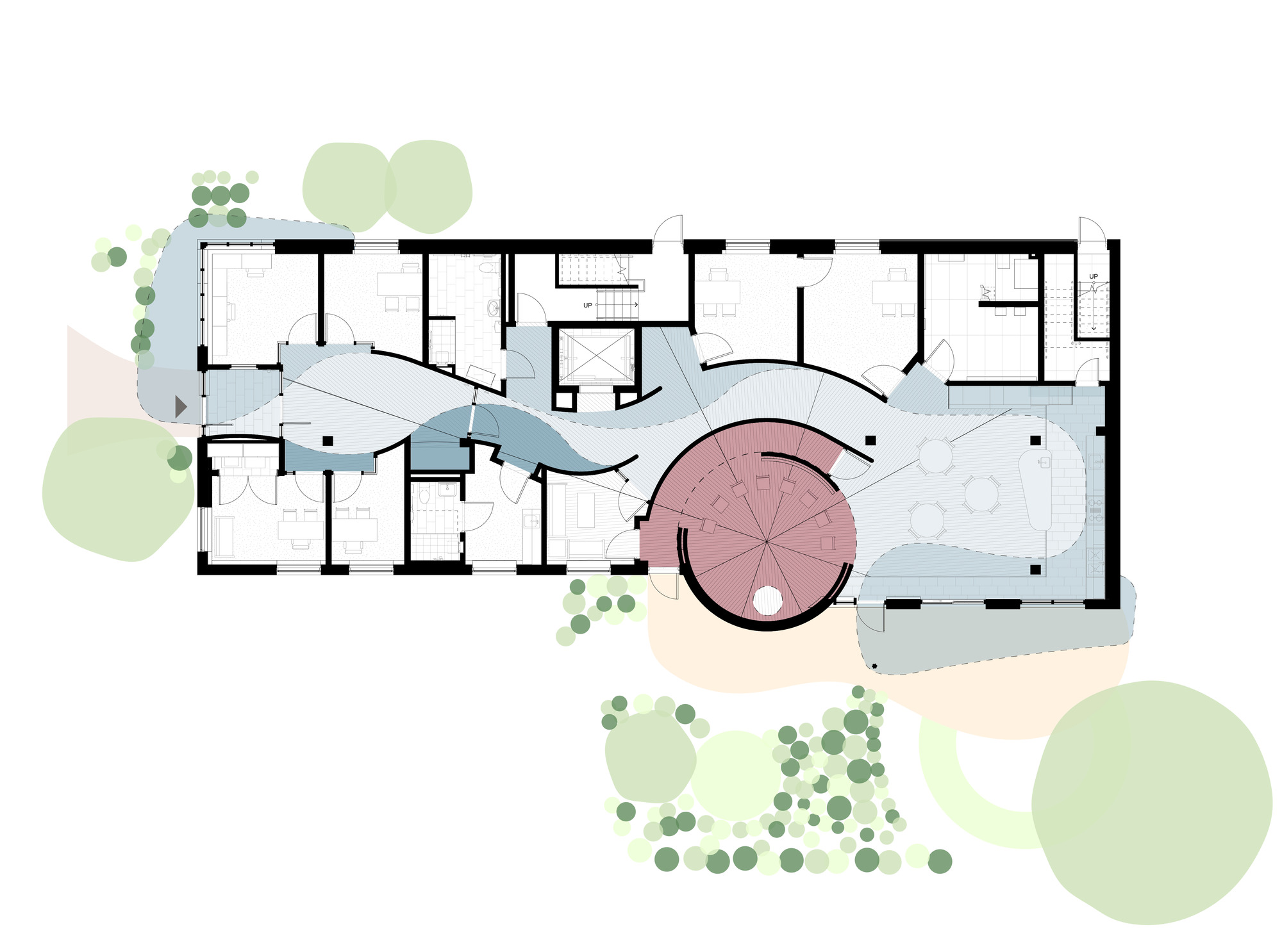 Ground floor plan drawing showing a wavy blue circulation path linking offices to a red circular room, with garden trees around it