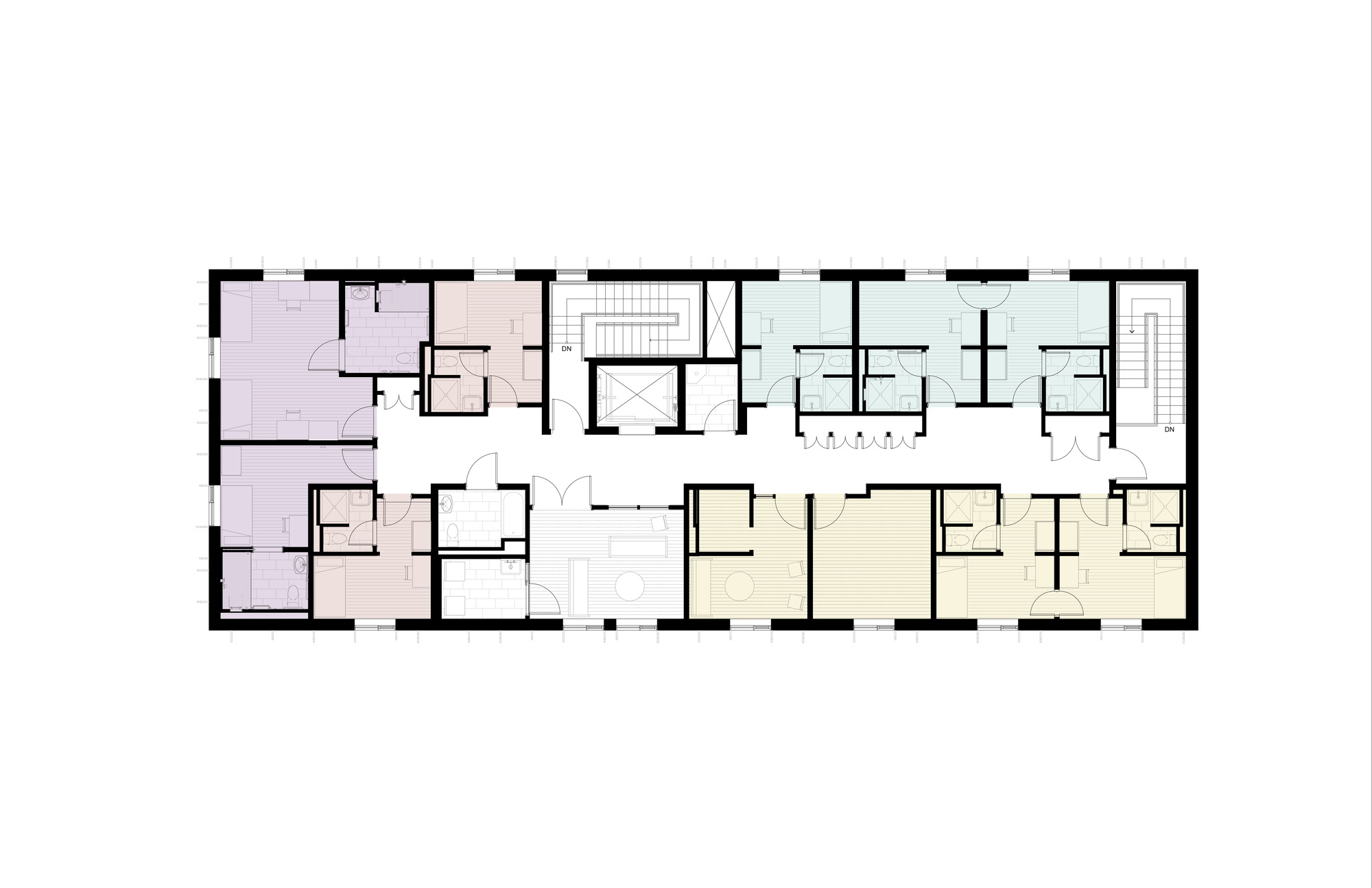 Upper floor plan drawing of a long rectangular block with a central corridor, stairs, lift and colour-coded bedroom suites on both sides